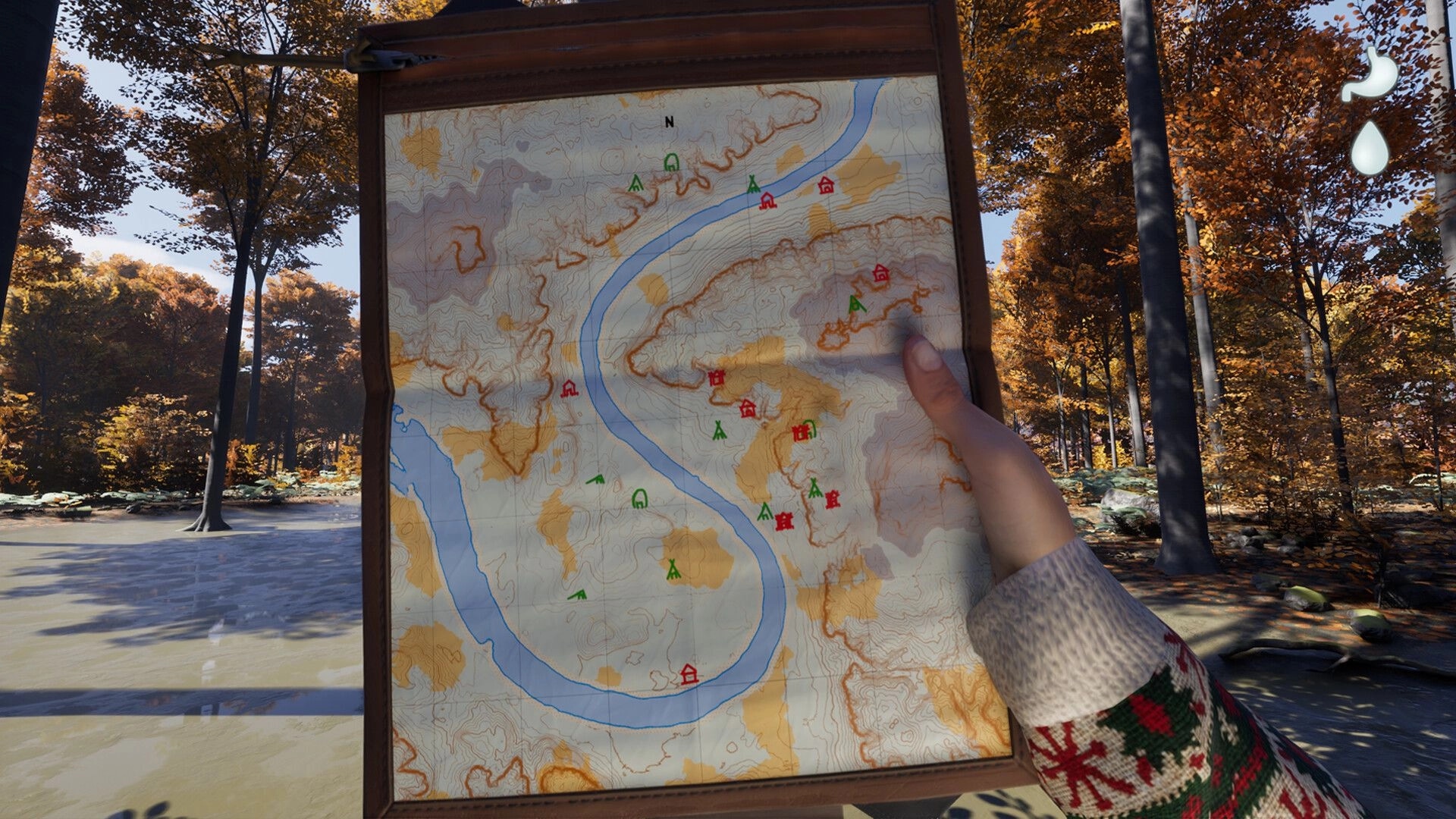Prologue: Player holding a detailed map in a sunlit autumn forest with icons marking key locations