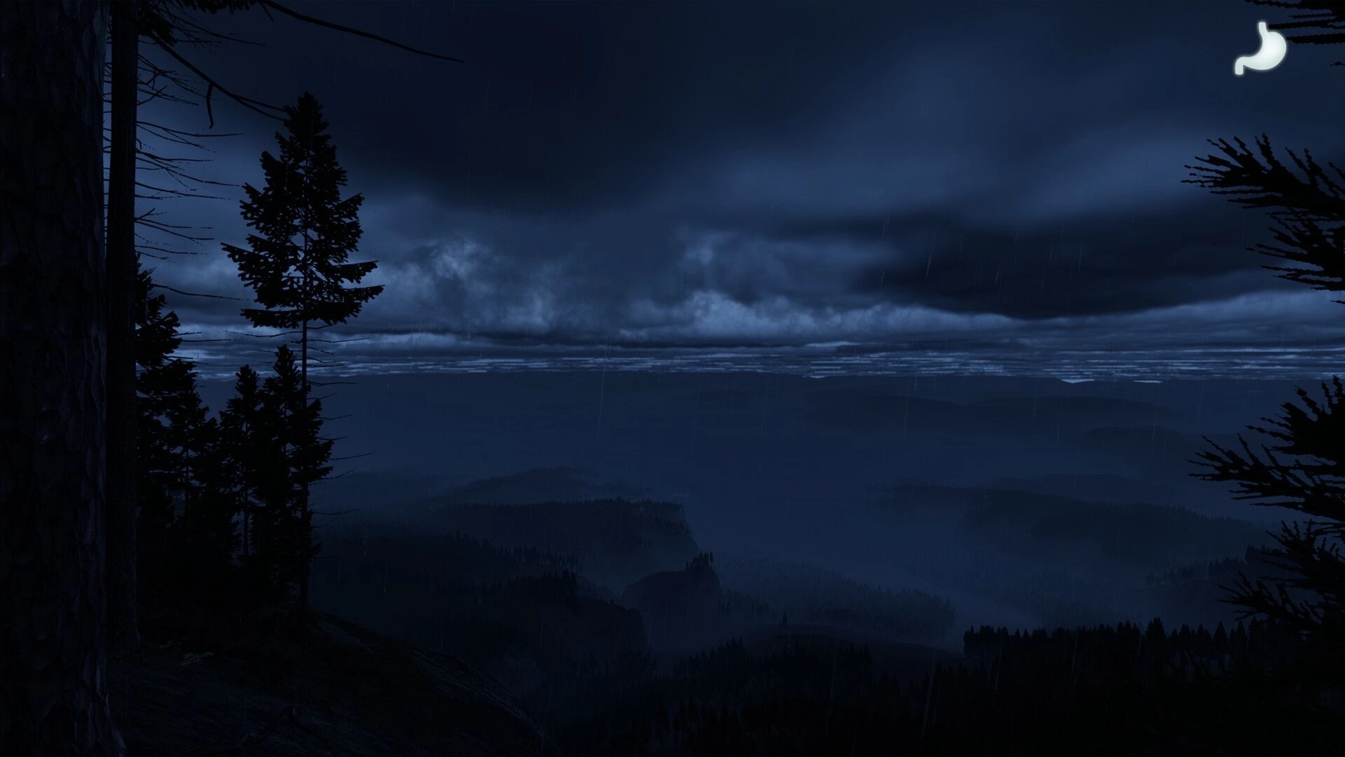 Prologue: Moonlit forest silhouette under a cloudy night sky with distant hills in the background.