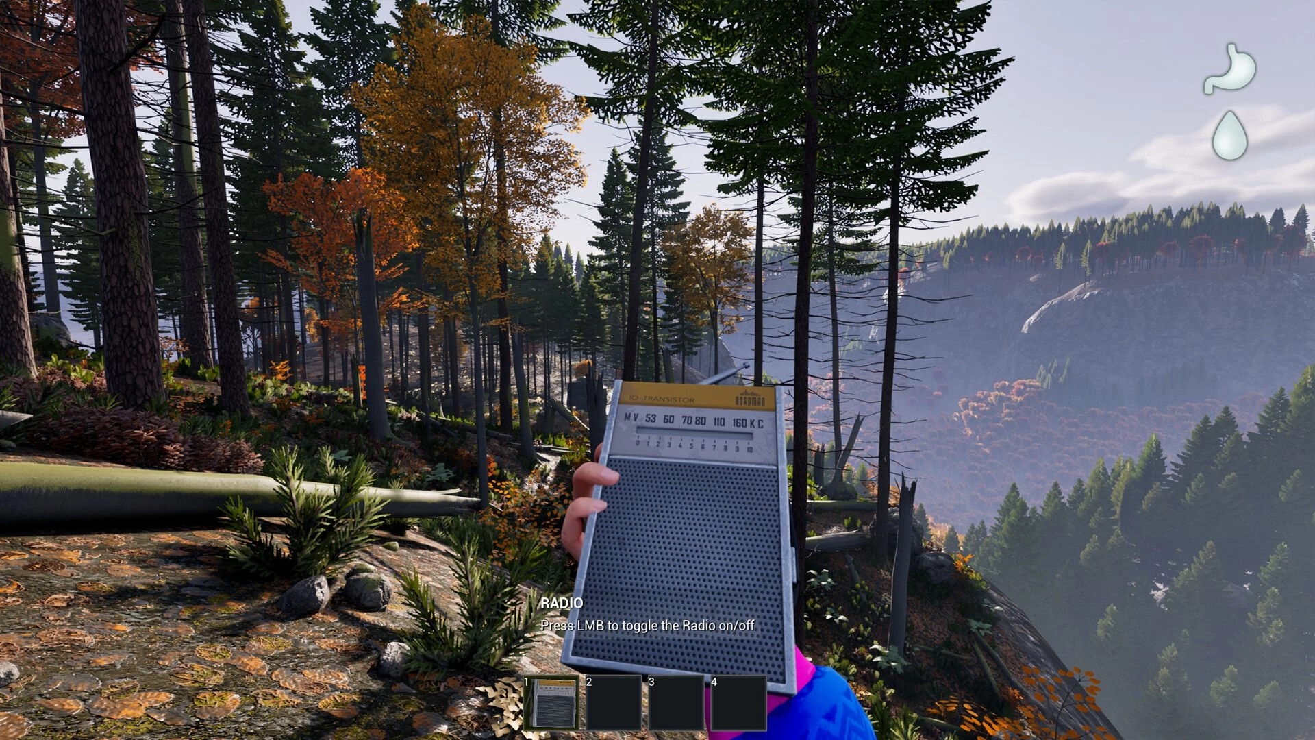 Prologue: Player holding a radio in a dense forest with distant mountains and UI elements visible