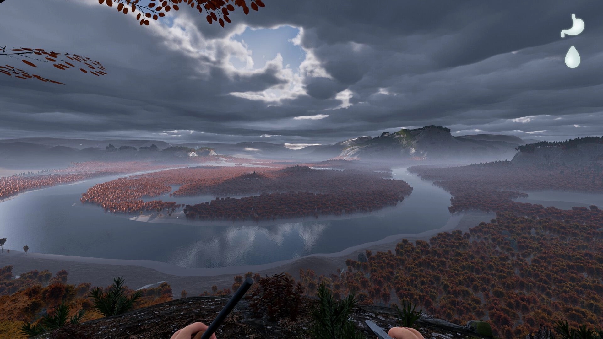 Prologue: Scenic view of a vast river landscape with foggy mountains and survival UI elements visible