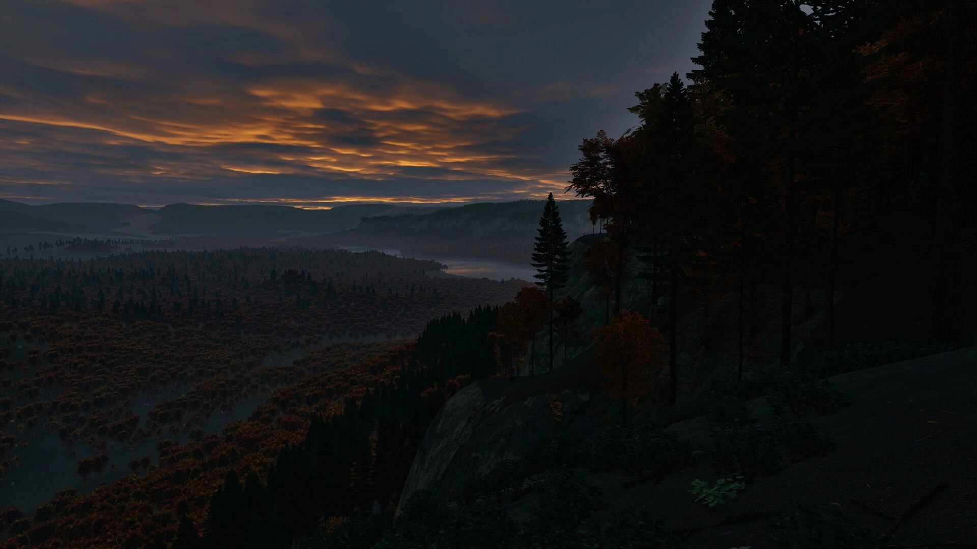 Prologue: Vast forest landscape under a dramatic sunset sky, featuring distant hills and dense trees.