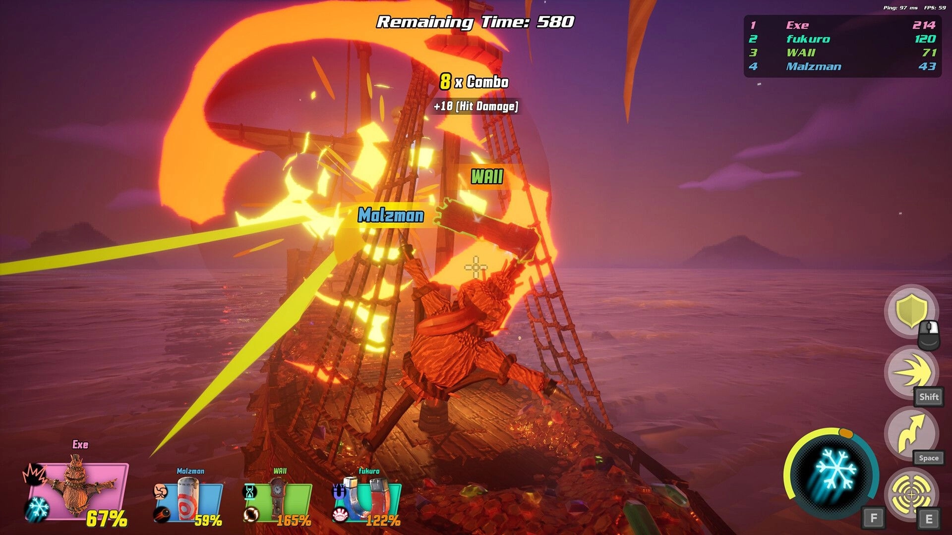 Prop Sumo: Combative props clash on a ship at sunset, player stats and combo details visible