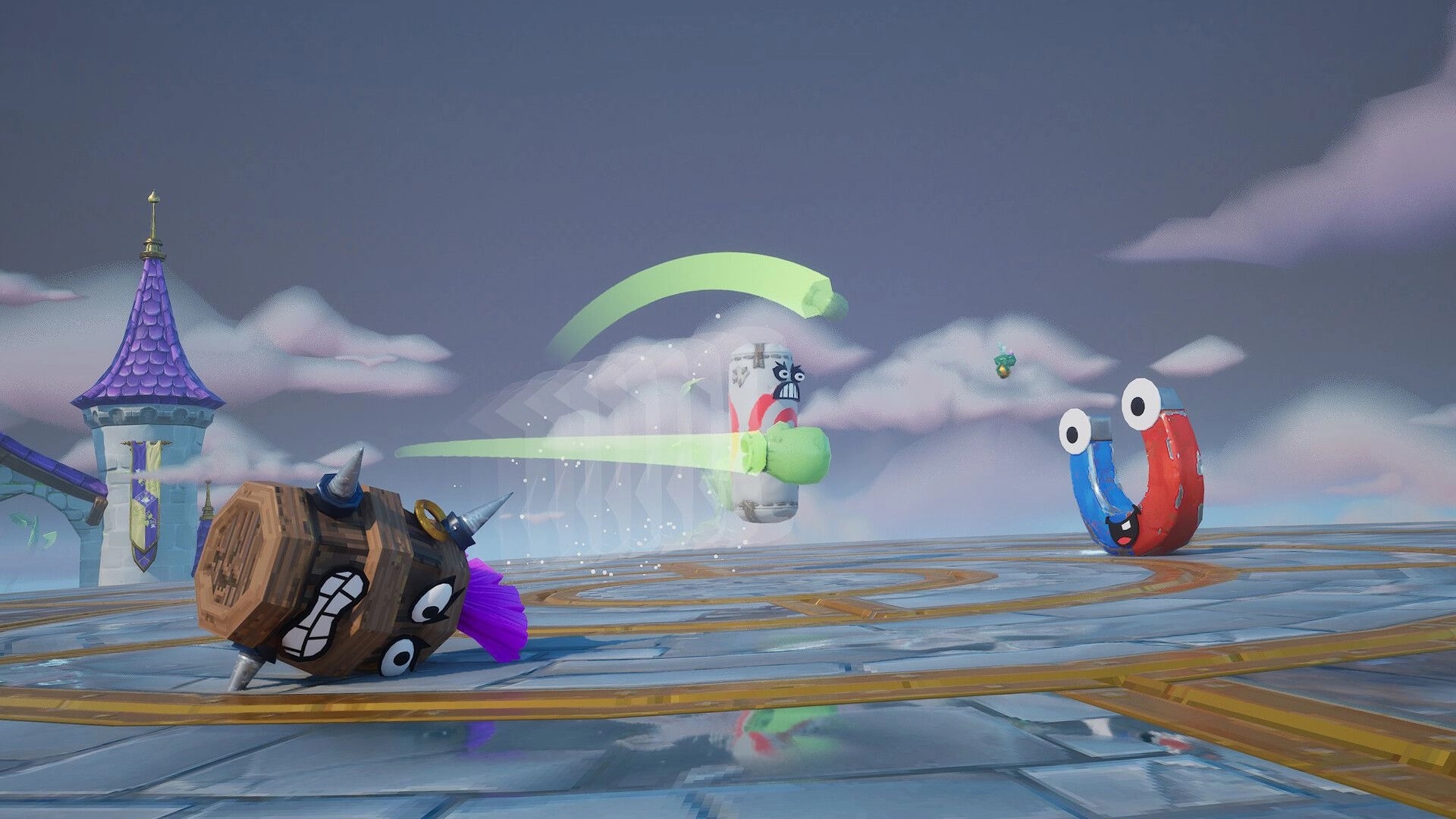 Prop Sumo: Soda can with green gloves punches log and magnet props in whimsical tower arena.