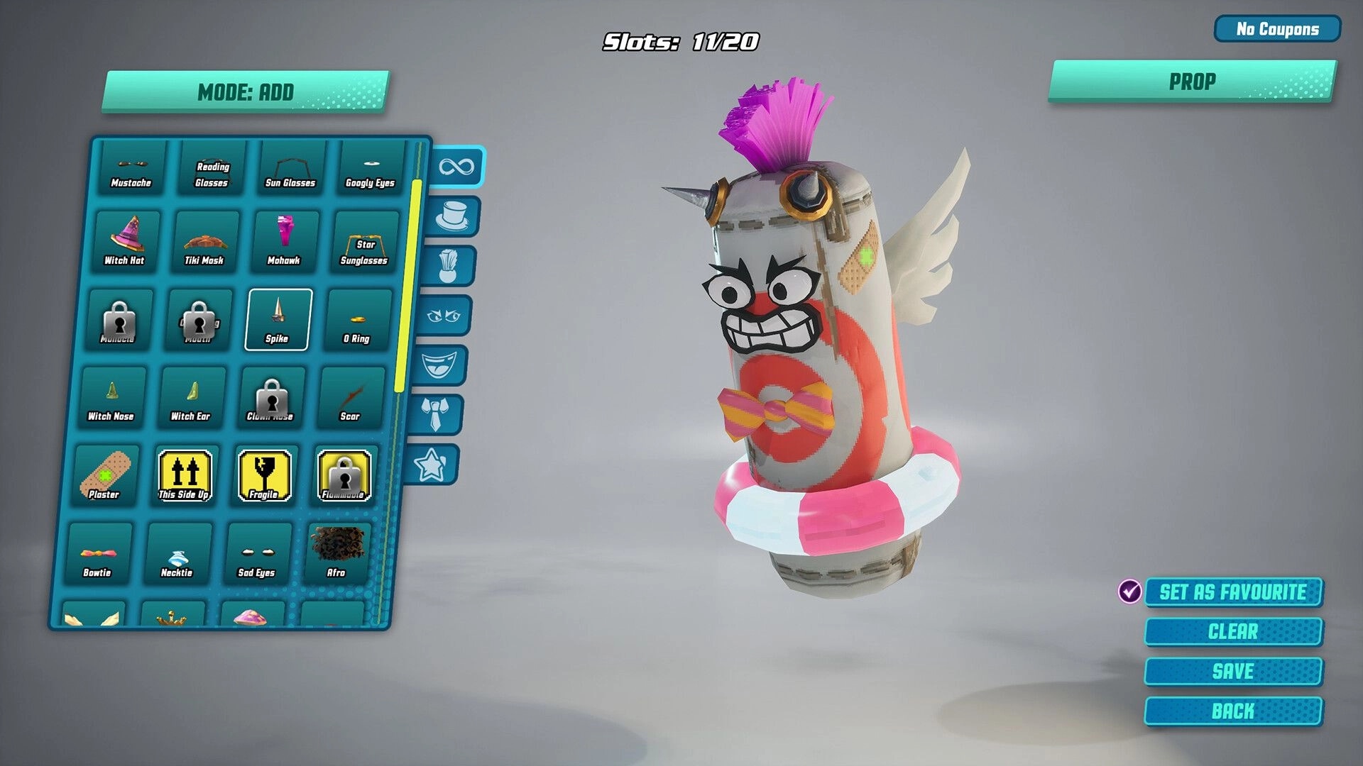 Prop Sumo: Customization screen with quirky prop character featuring wings, mohawk, and bowtie