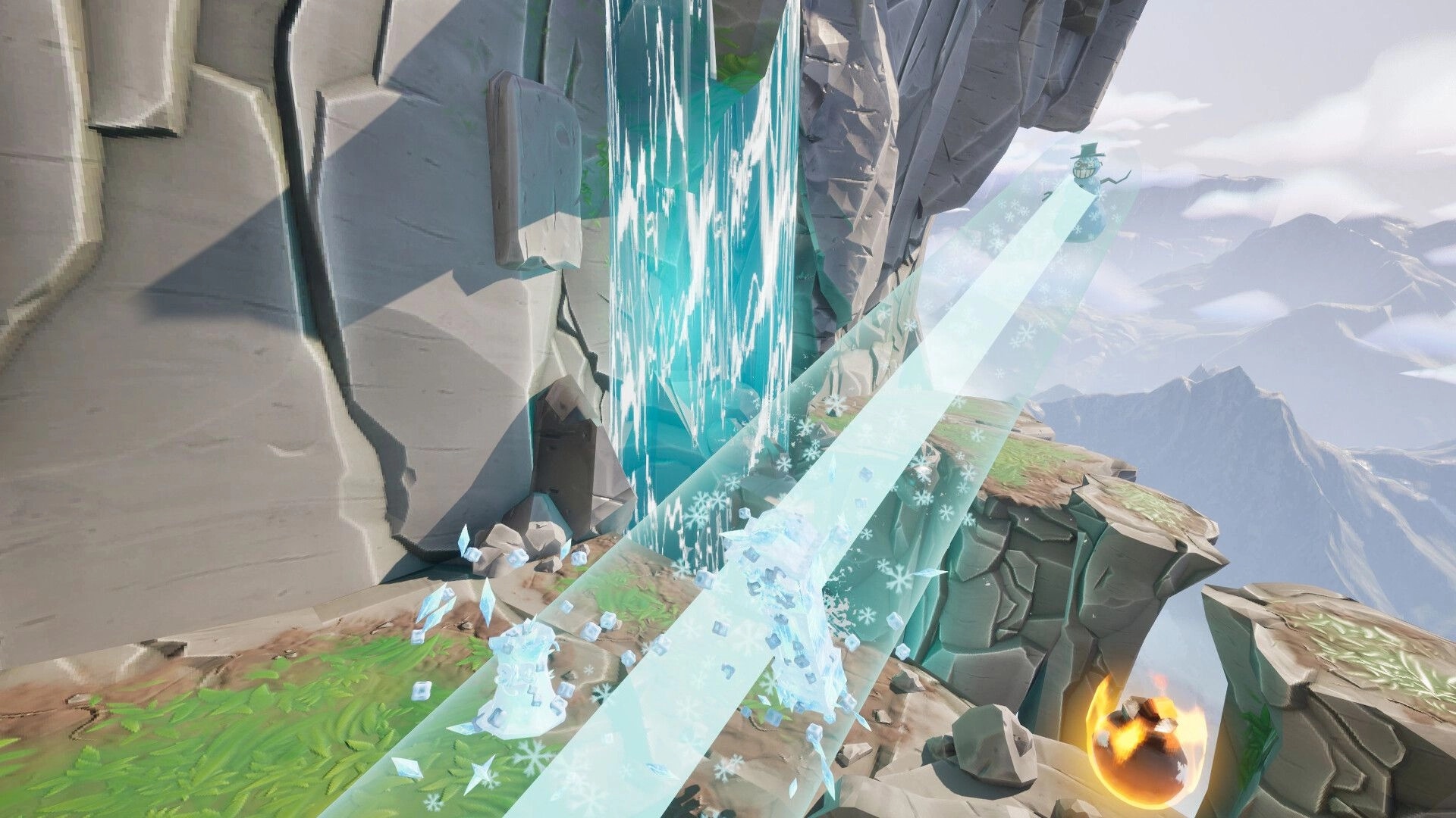 Prop Sumo: Ice projectiles and fiery object collide on cliffside with waterfall in mountainous terrain