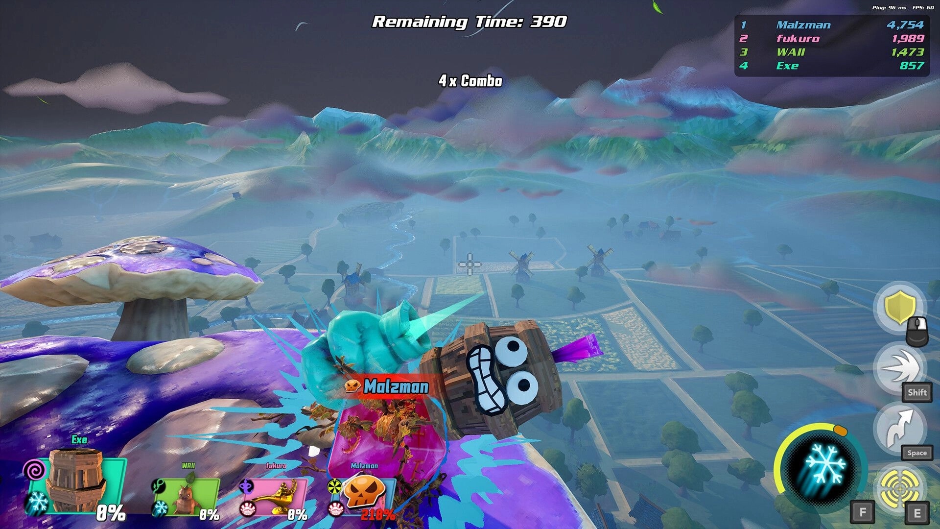Prop Sumo: Malzman battling on giant mushroom with combo display and player stats in misty landscape