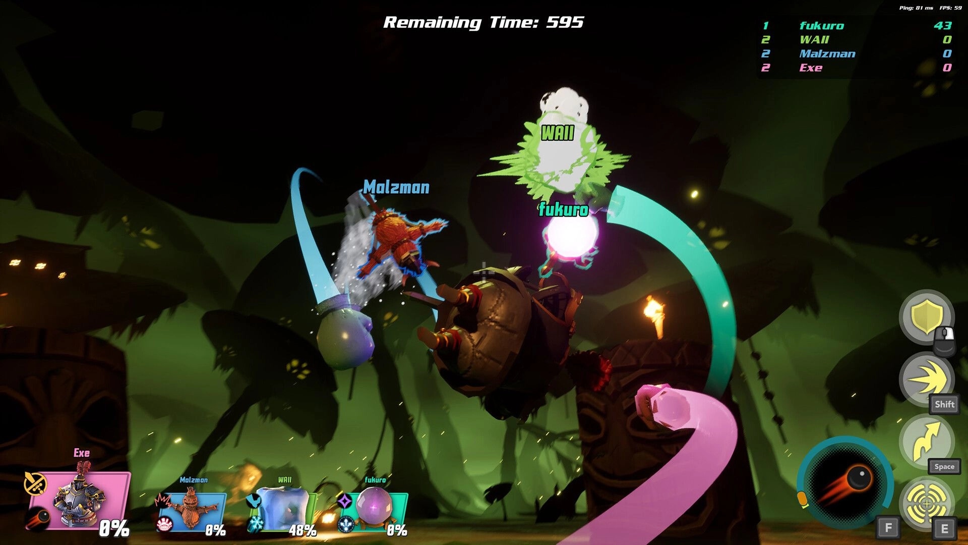 Prop Sumo: Characters Malzman and fukuro battling in a dimly lit forest arena with UI displays.