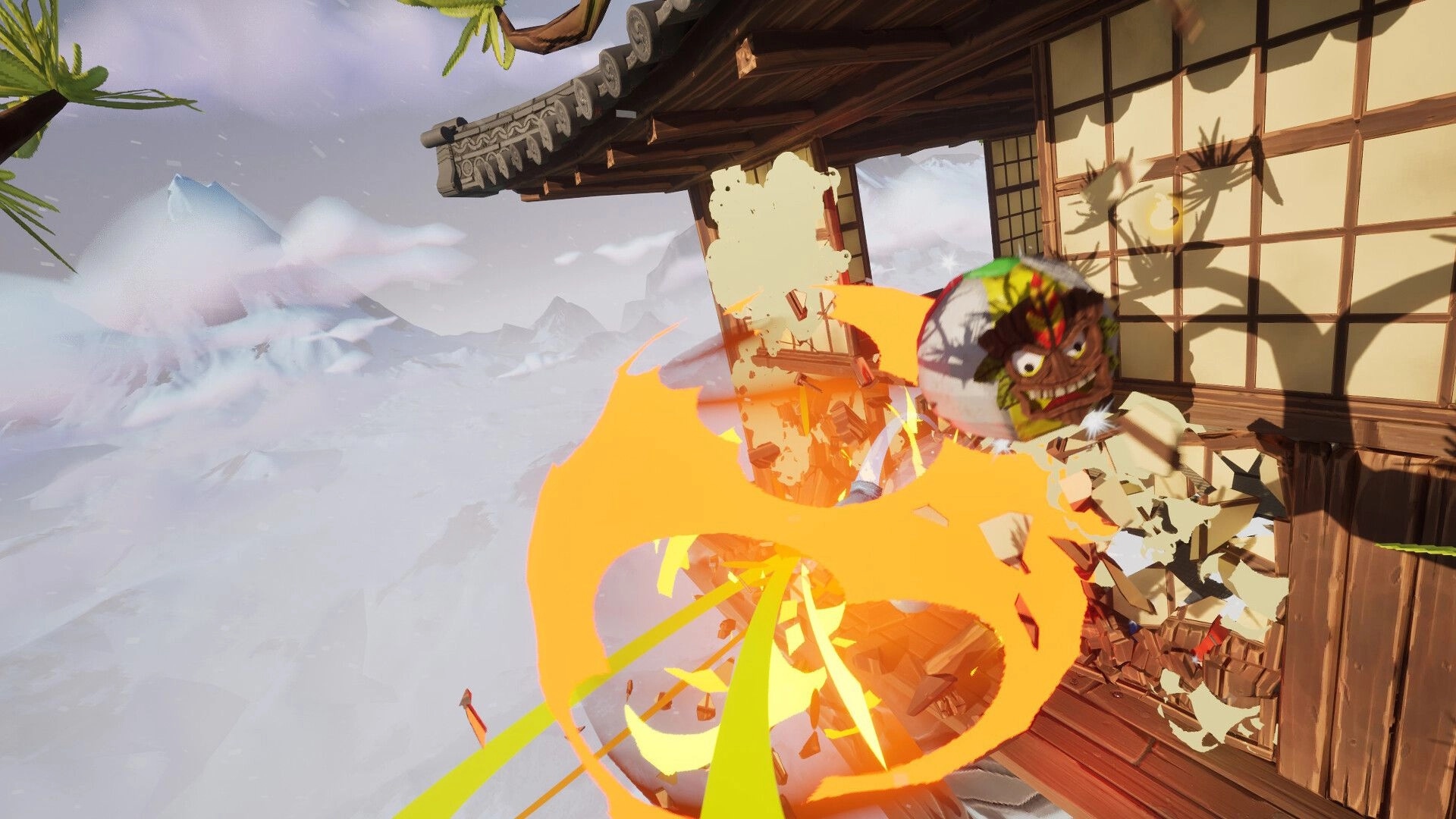 Prop Sumo: Masked prop bursts through wooden wall with fiery explosion in snowy mountain setting
