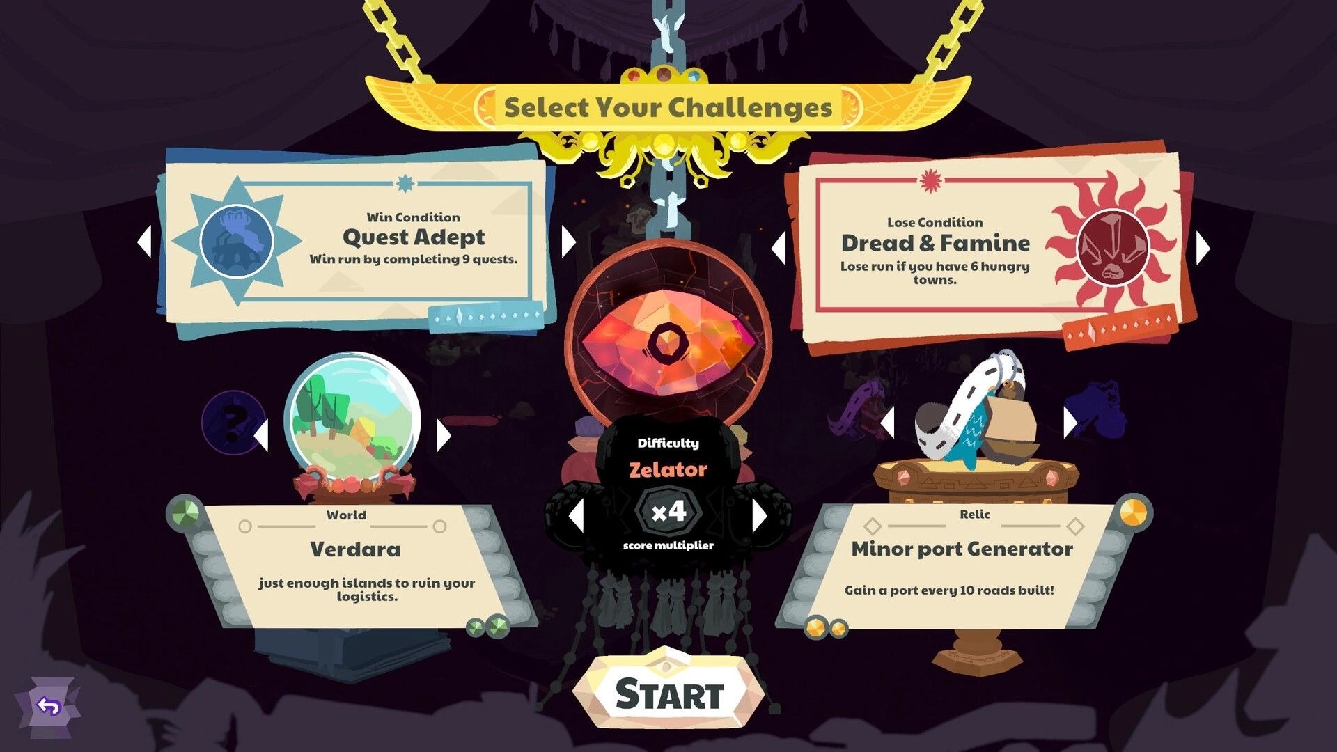Prophet Margin: Select Your Challenges menu with win/lose cards, world Verdara, relic, Start button.
