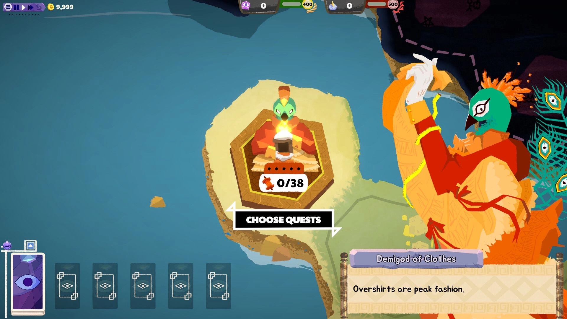 Prophet Margin: Choose Quests screen with island shrine counter 0/38 and Demigod of Clothes dialogue.