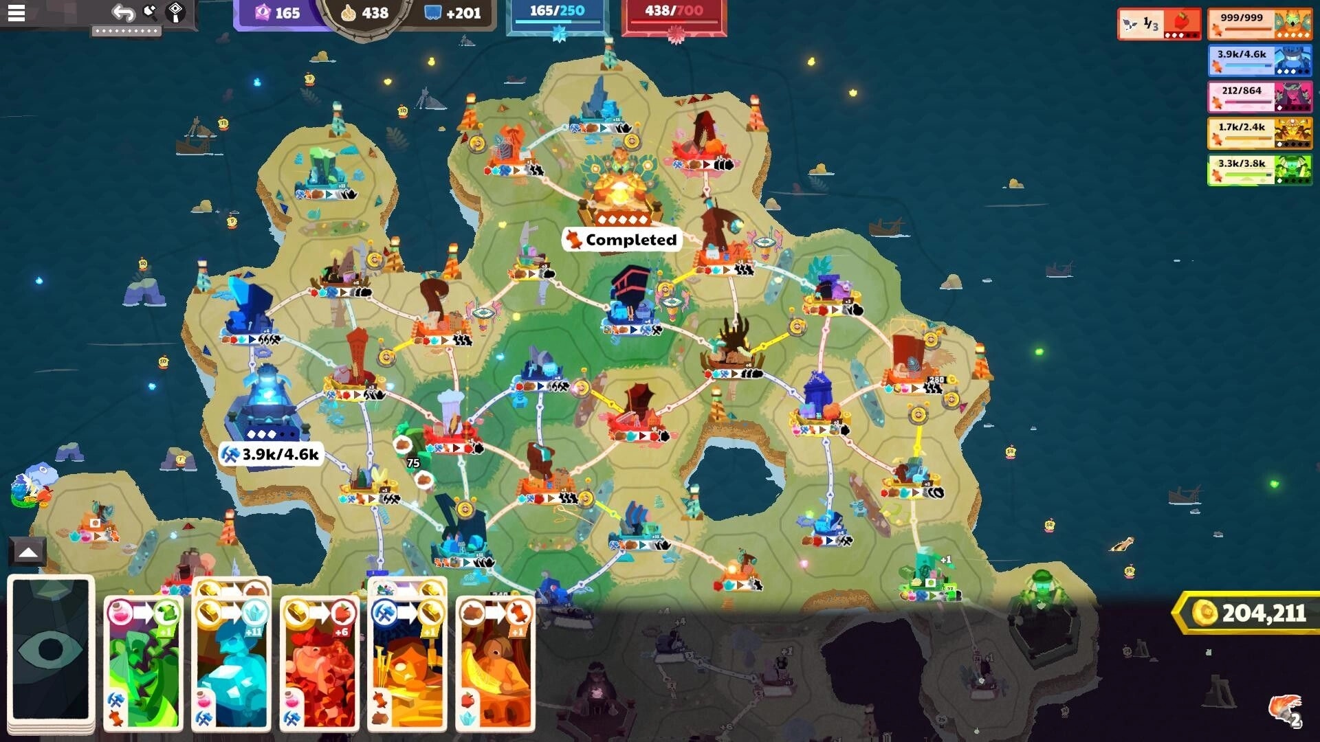 Prophet Margin: Island trade map with connected towns and a Completed banner, resources and cards UI.