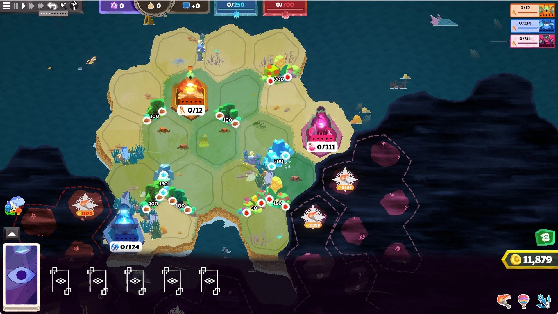 Prophet Margin: Hex island map with temples and resource nodes, card hand UI and coin total display.
