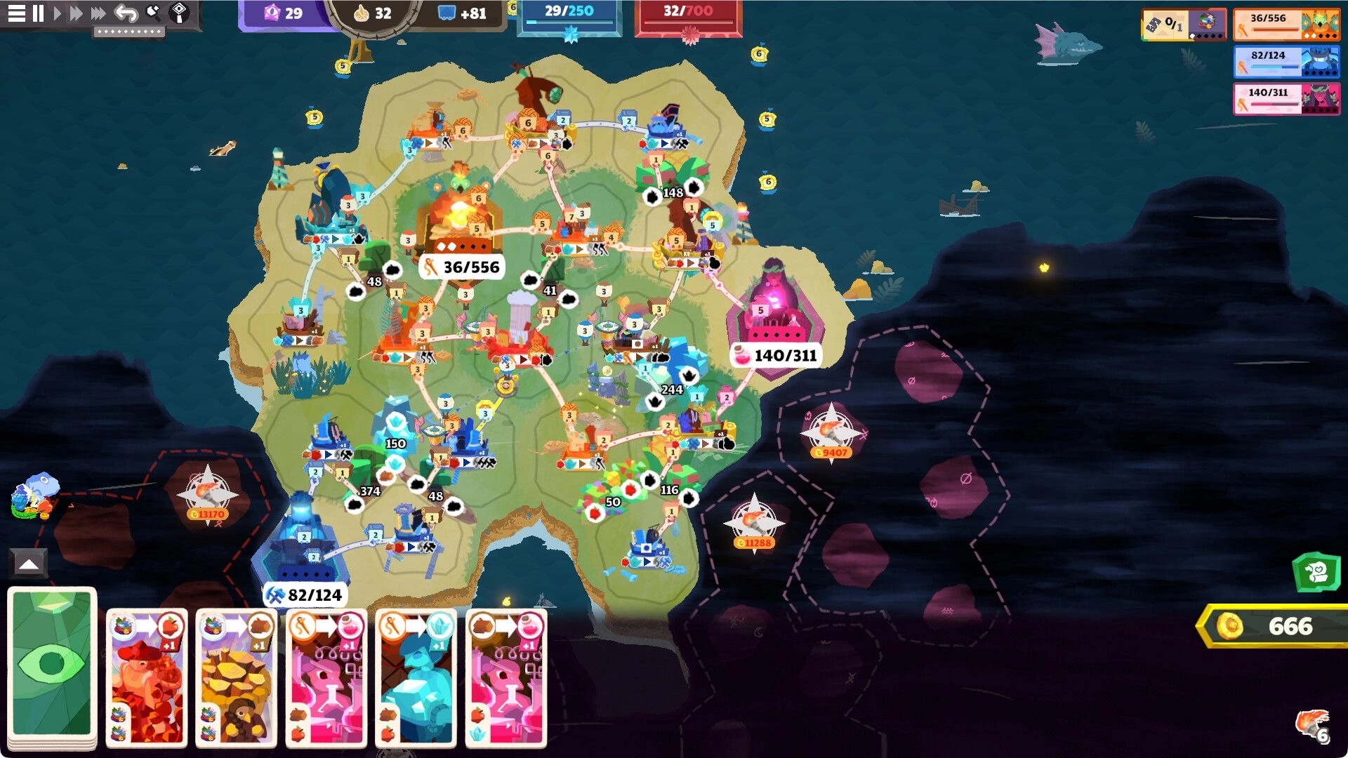 Prophet Margin: Island trade network with connected villages and resource icons on a hex map UI.