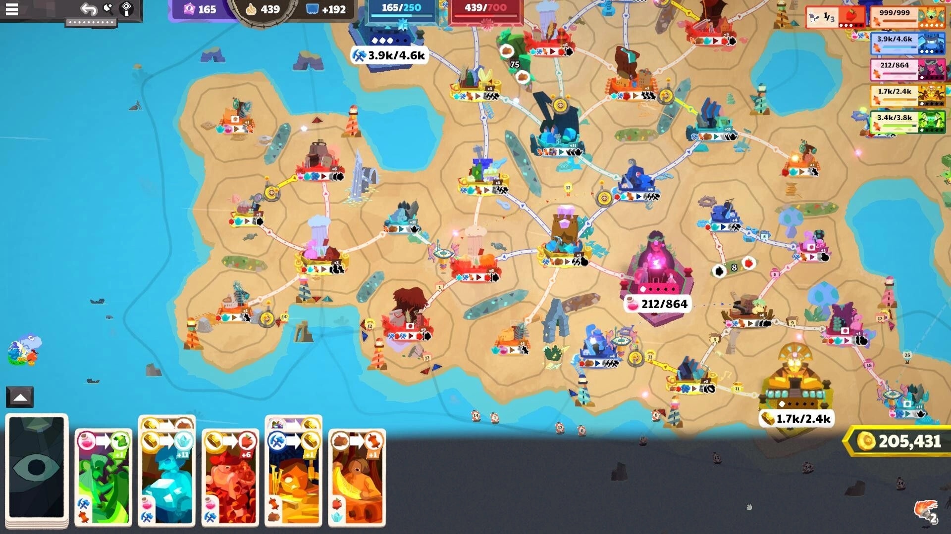 Prophet Margin: Overworld trade map with connected towns, resource counters, and card hand on coast.