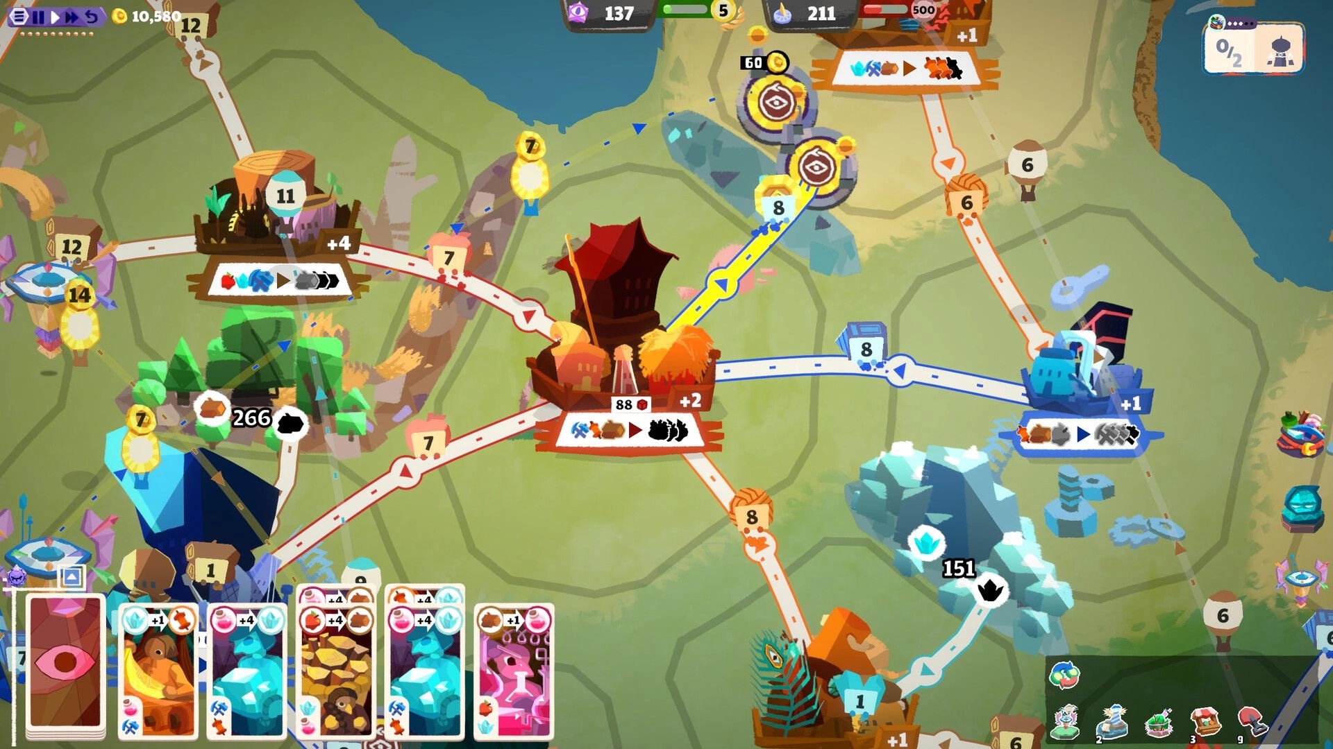 Prophet Margin: Trade route map with colored roads linking villages, resource icons and card hand UI visible.
