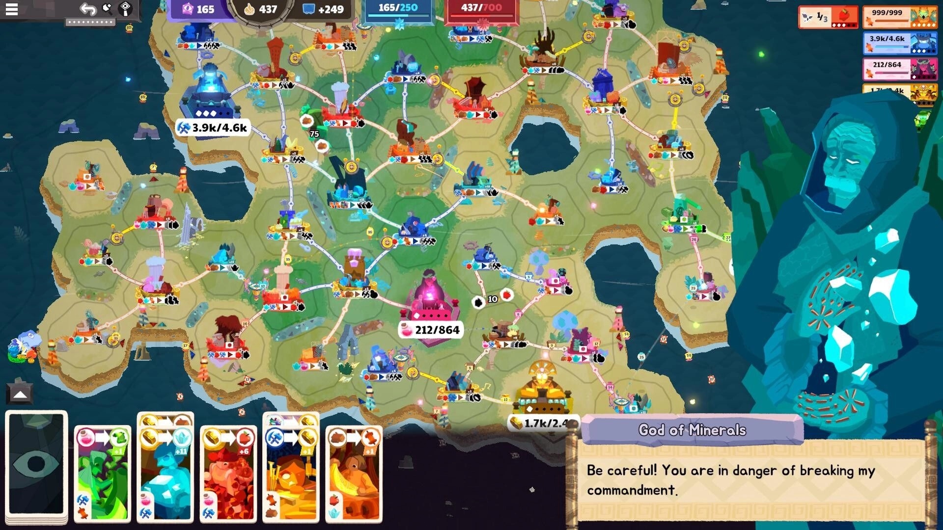 Prophet Margin: Trade route map with linked towns and resource icons, God of Minerals warning panel.
