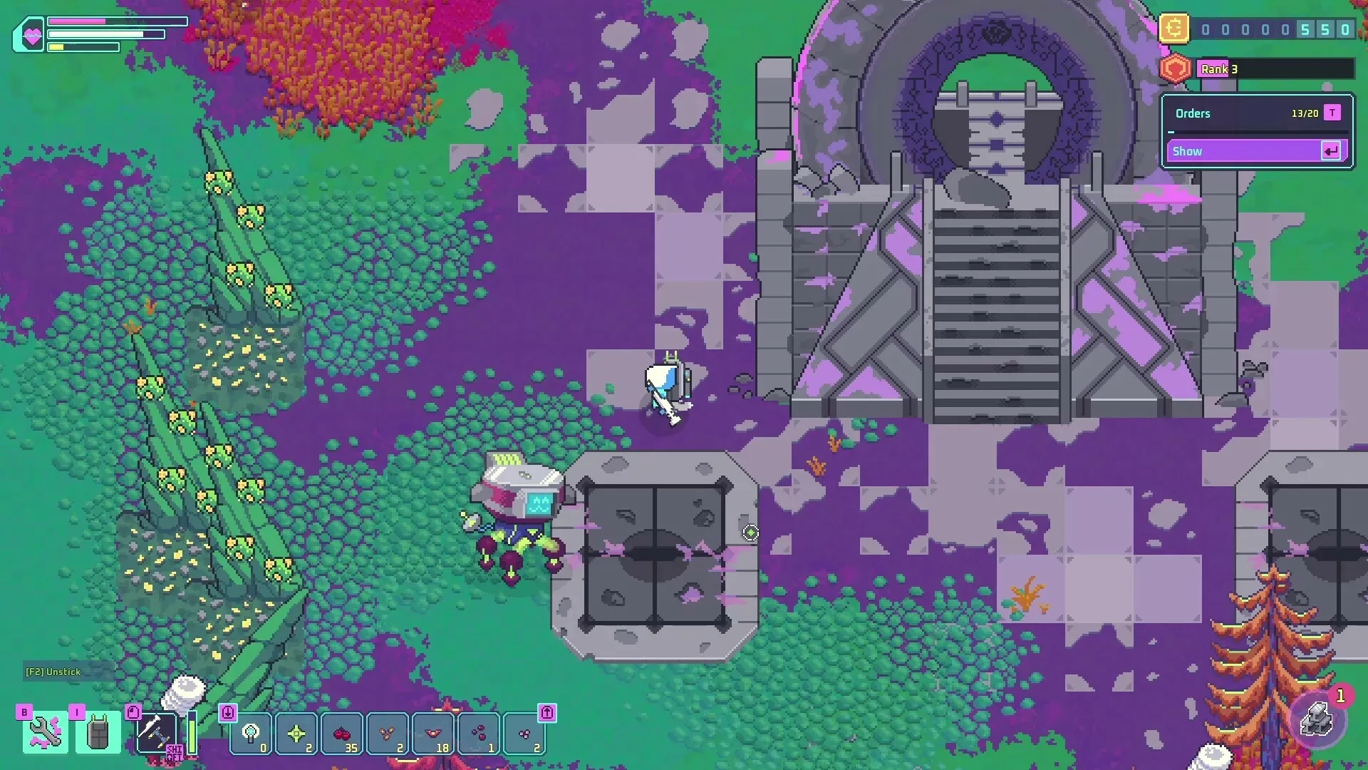 Prospector: Character in spacesuit near robotic unit beside a staircase on alien terrain with UI elements