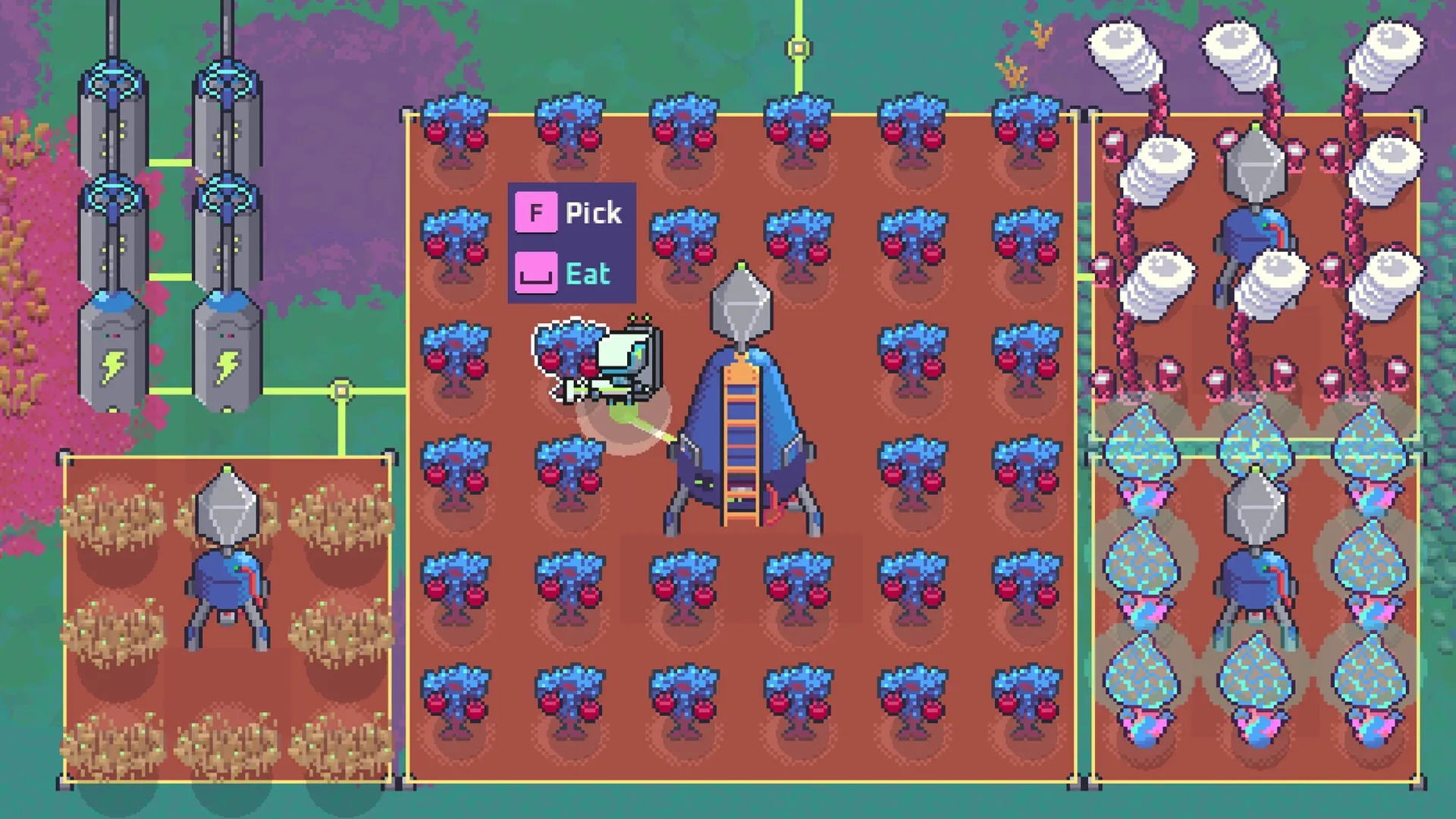 Prospector: Robot harvesting crops in a garden with fruit trees and resource containers in colorful terrain.