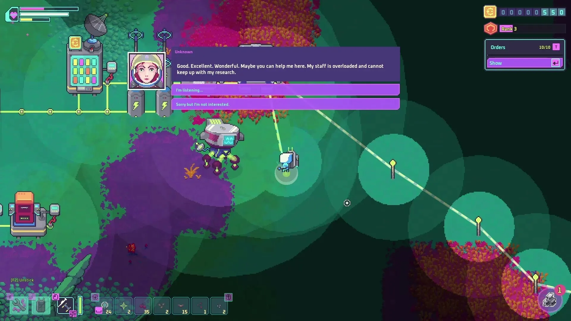 Prospector: Dialogue with NPC and resource management interface on colorful alien terrain