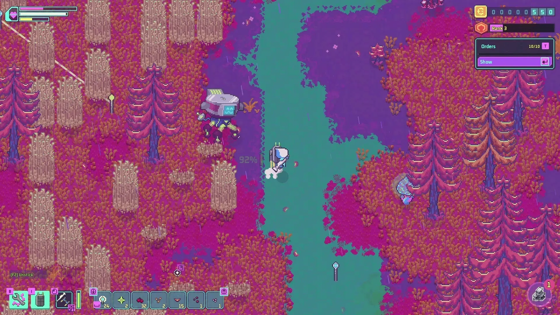 Prospector: Player navigates lush alien forest with robot companion, HUD shows inventory and orders panel.