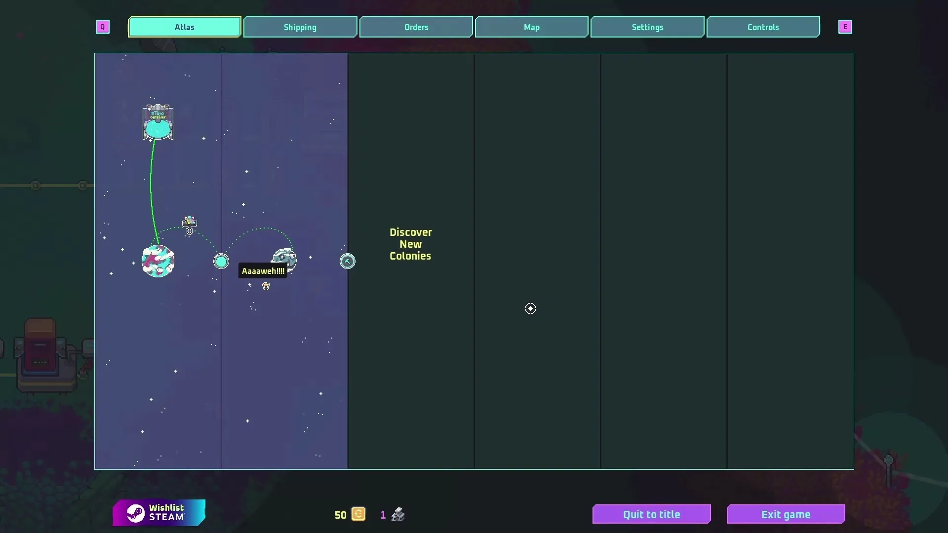 Prospector: Atlas map interface displaying routes between planets and option to discover new colonies