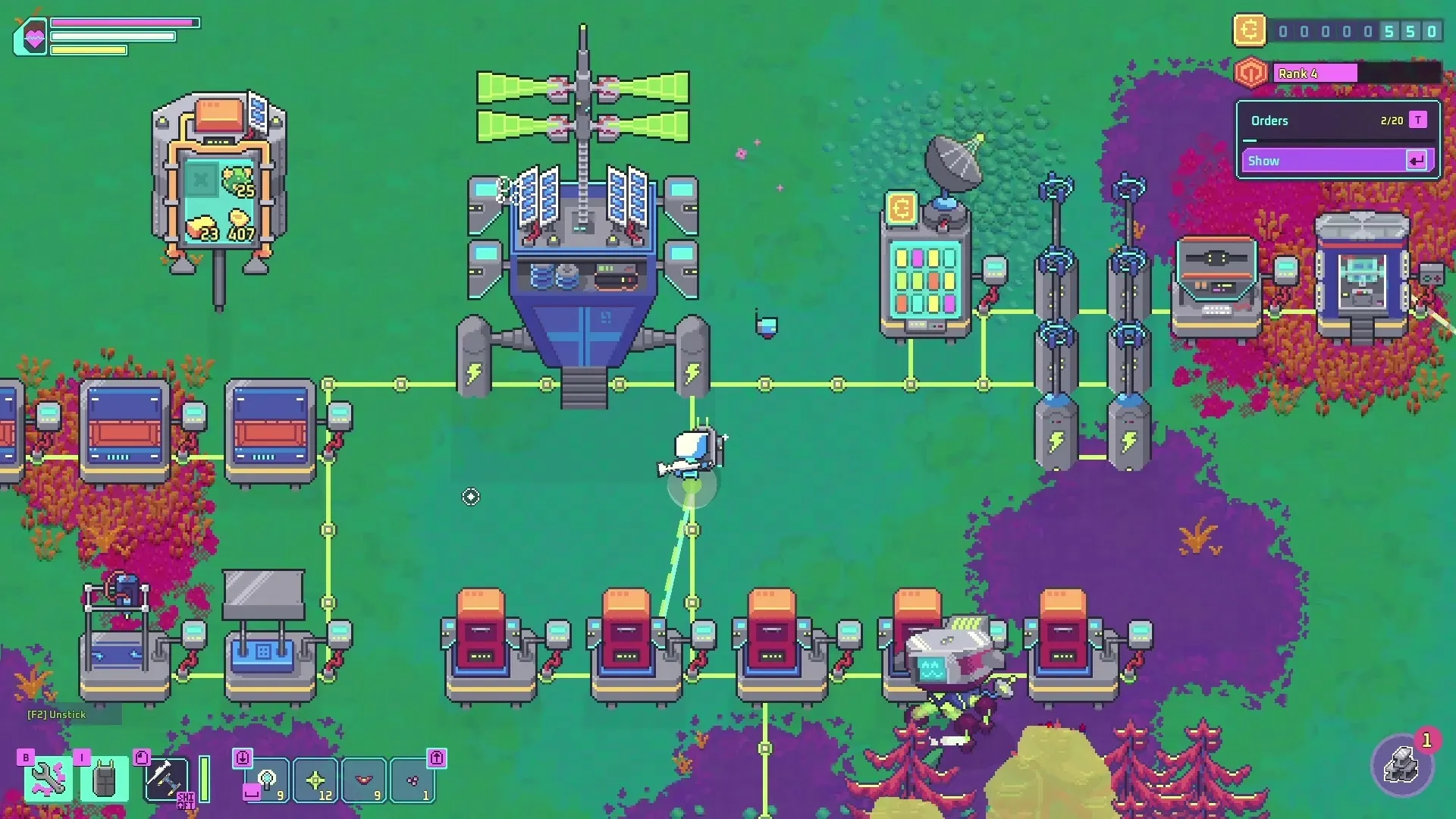 Prospector: Character assembling robots at an outpost with supply lines on a colorful frontier planet