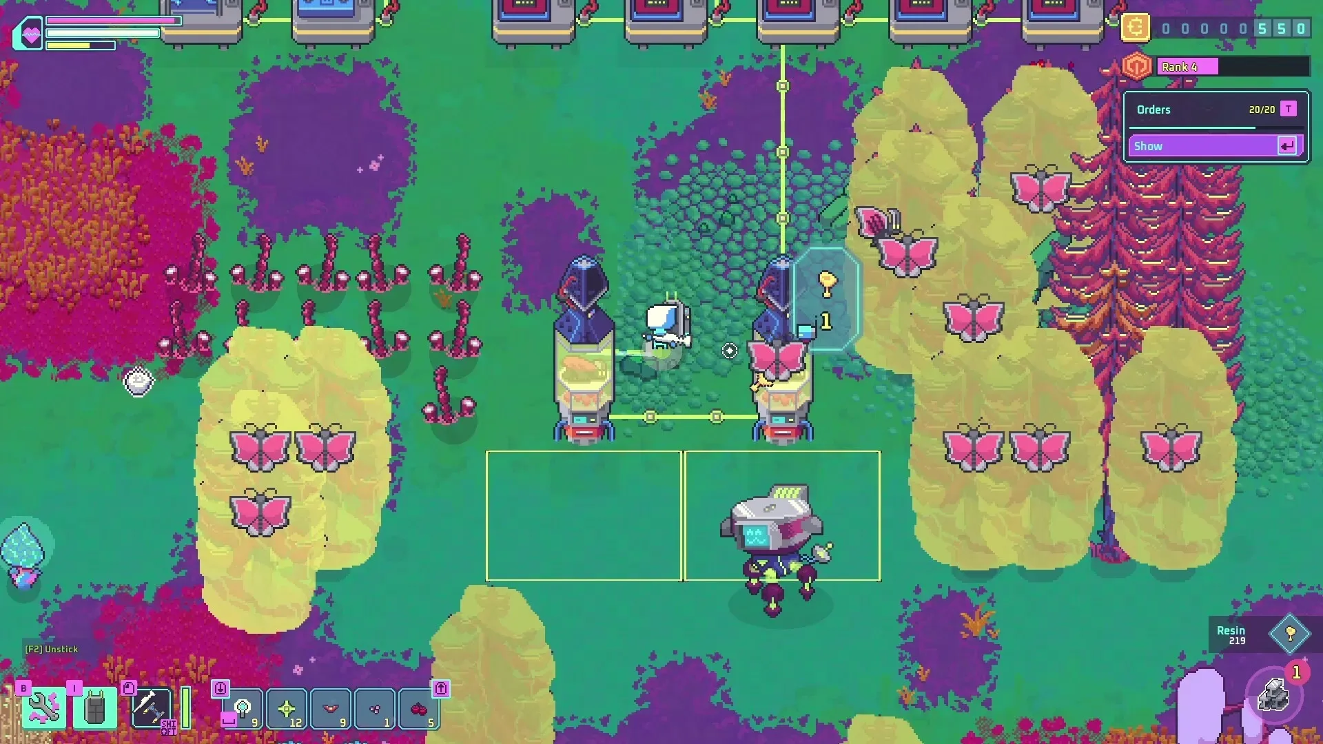 Prospector: Player assembling robots near resource nodes on alien landscape with vibrant flora