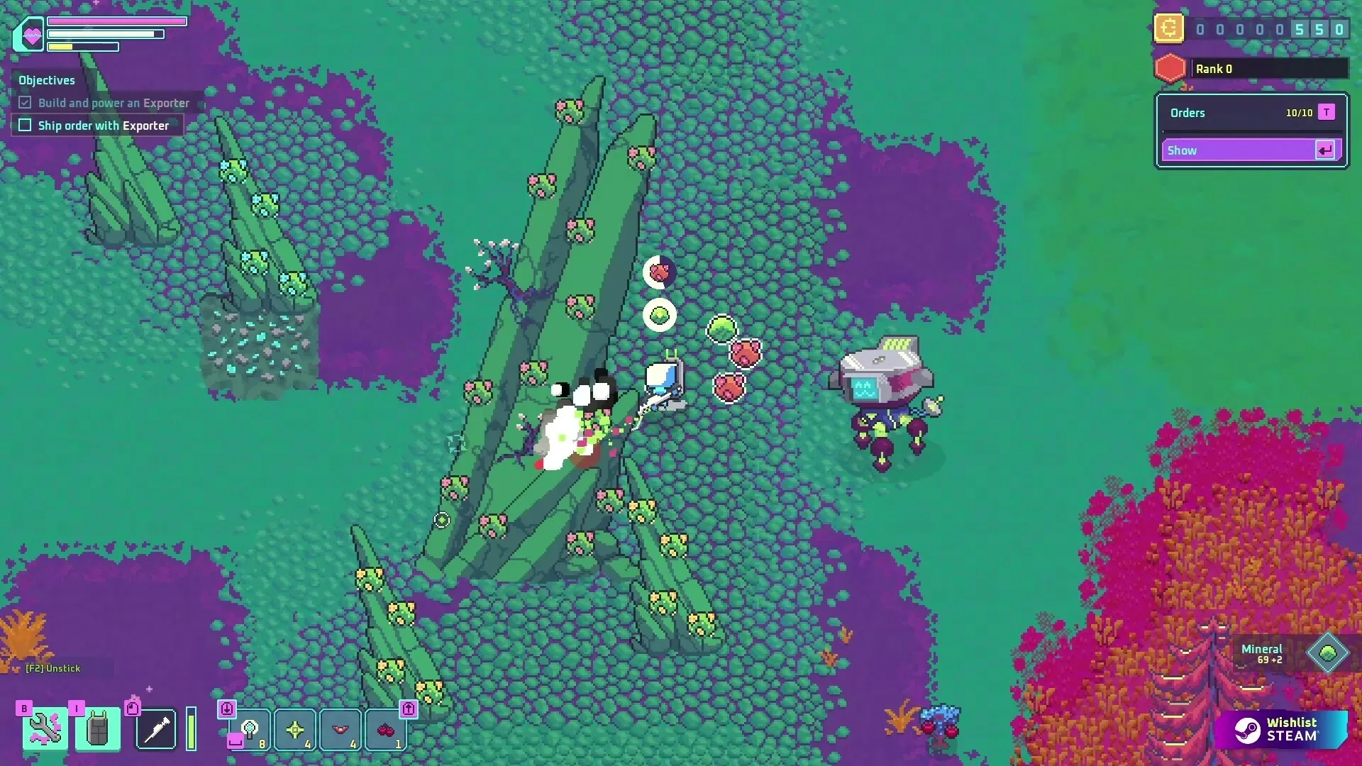 Prospector: Player collecting resources near an outpost with objectives and inventory UI displayed