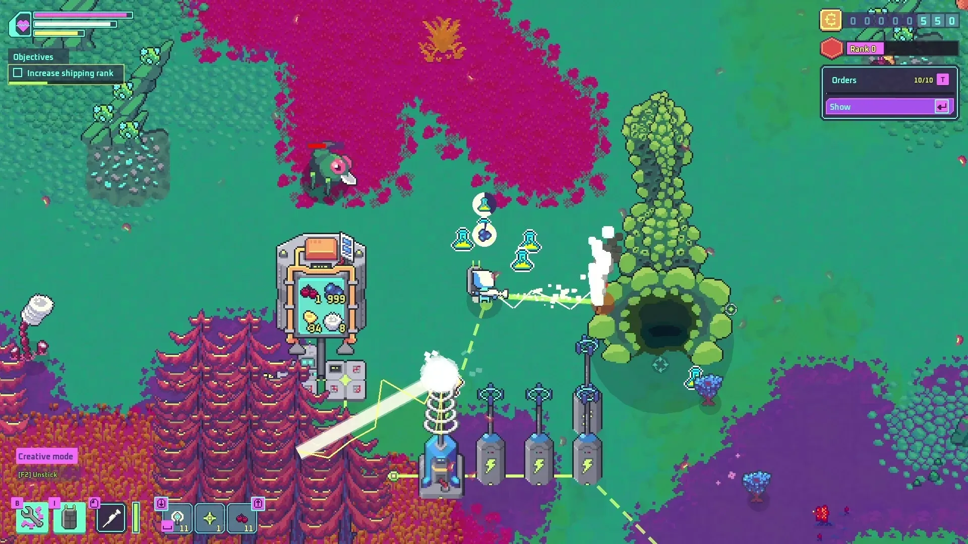 Prospector: Robot assembling resources near outpost with inventory and objectives displayed on HUD
