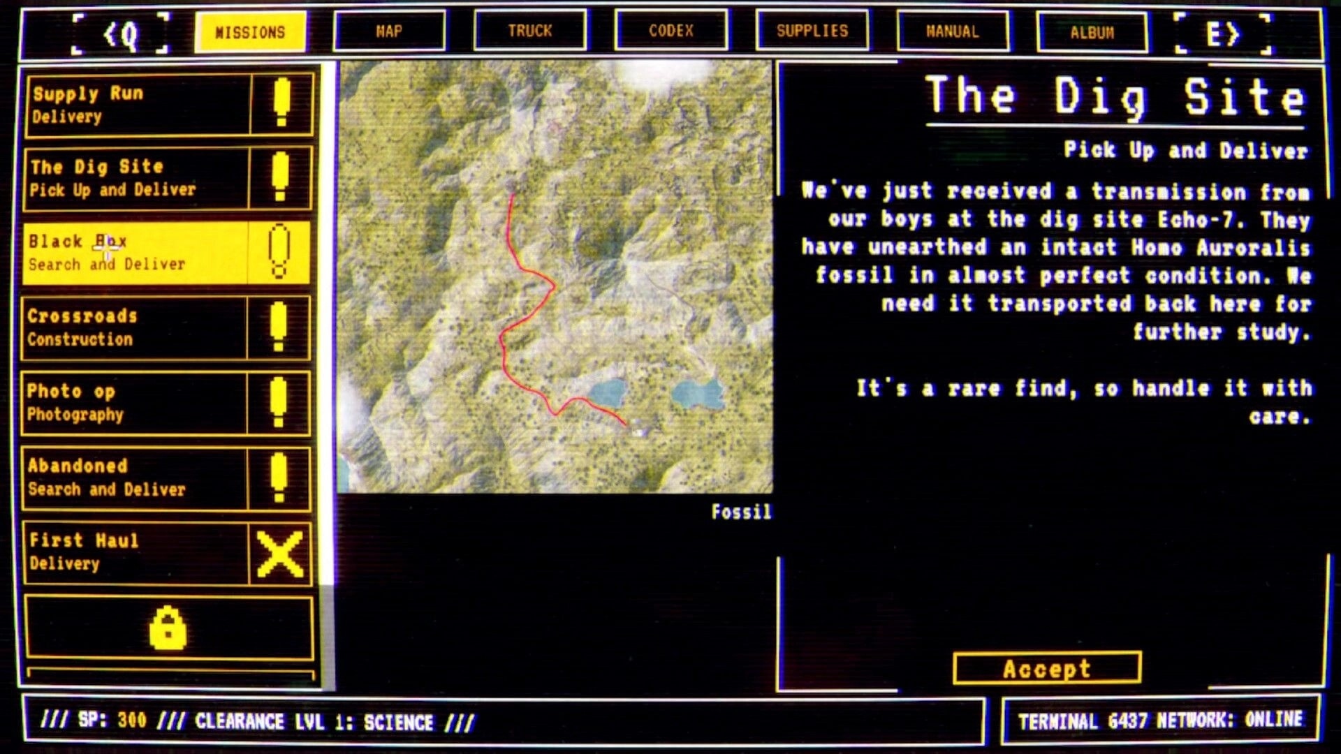 Prospice: Mission briefing for The Dig Site with route map and Accept button on terminal UI.