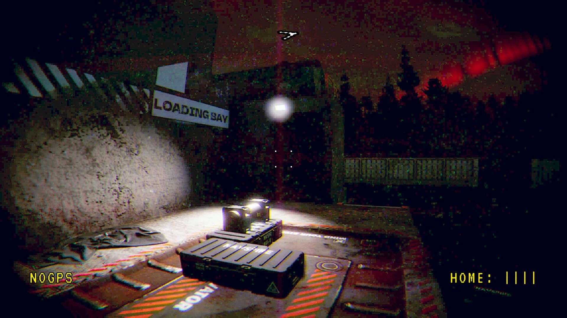 Prospice: Flashlight-lit crates on a loading bay pad at night, with NOGPS and HOME UI text.