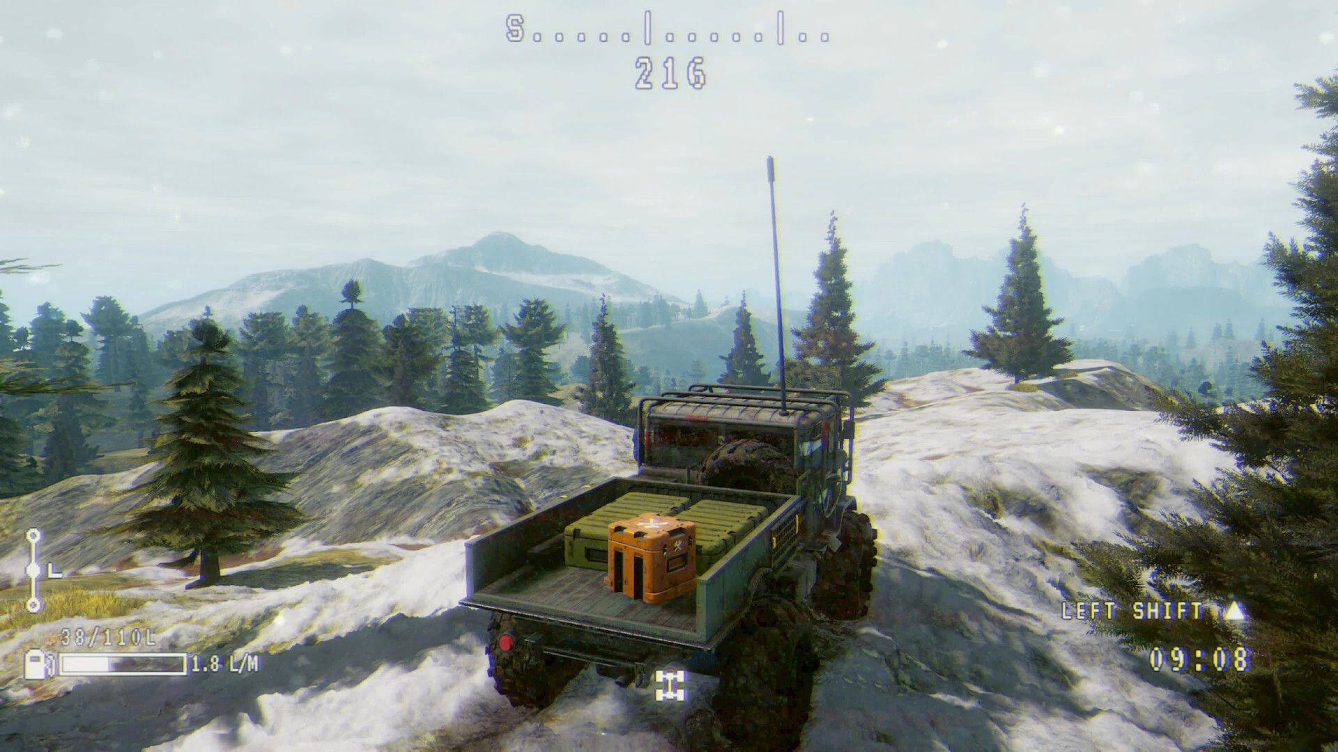 Prospice: Cargo truck parked on snowy ridge with fuel HUD and compass over misty pine mountains.
