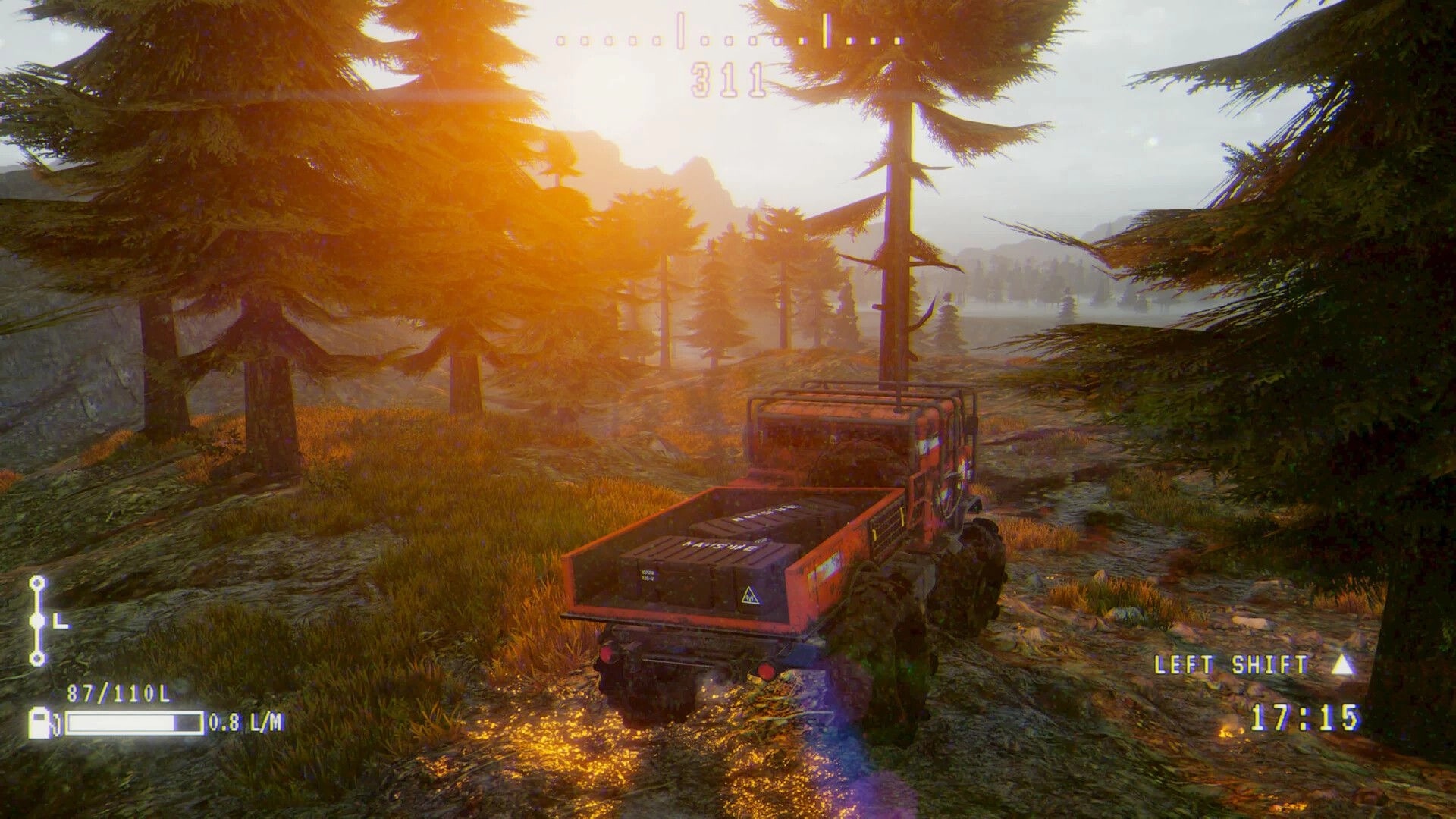 Prospice: Cargo truck hauling crates along muddy forest trail at sunset with fuel and time UI.