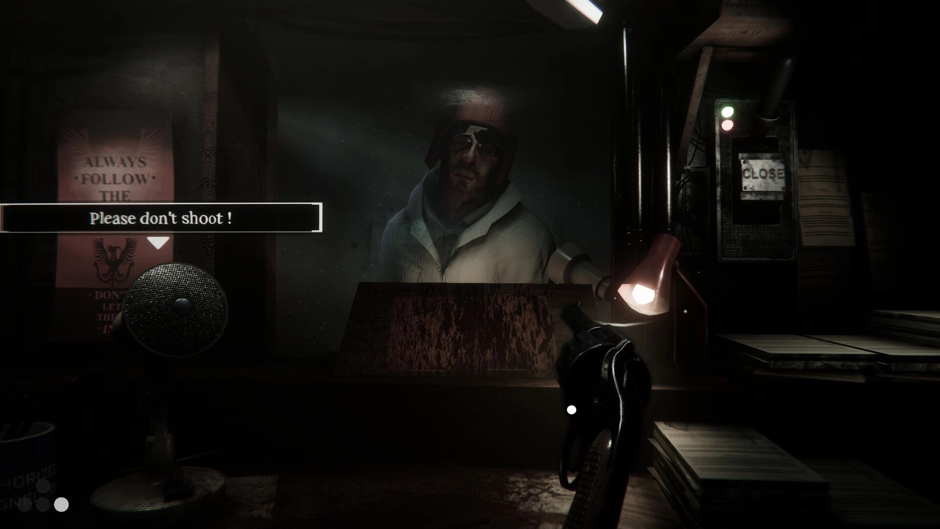 Protocol Non-Human: Dialogue choice “Please don’t shoot!” as hooded visitor faces checkpoint booth window.