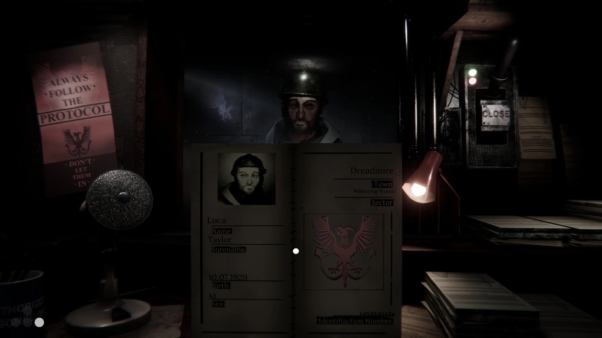 Protocol Non-Human: Checking Luca Taylor ID file as a miner waits at the dark checkpoint booth desk.
