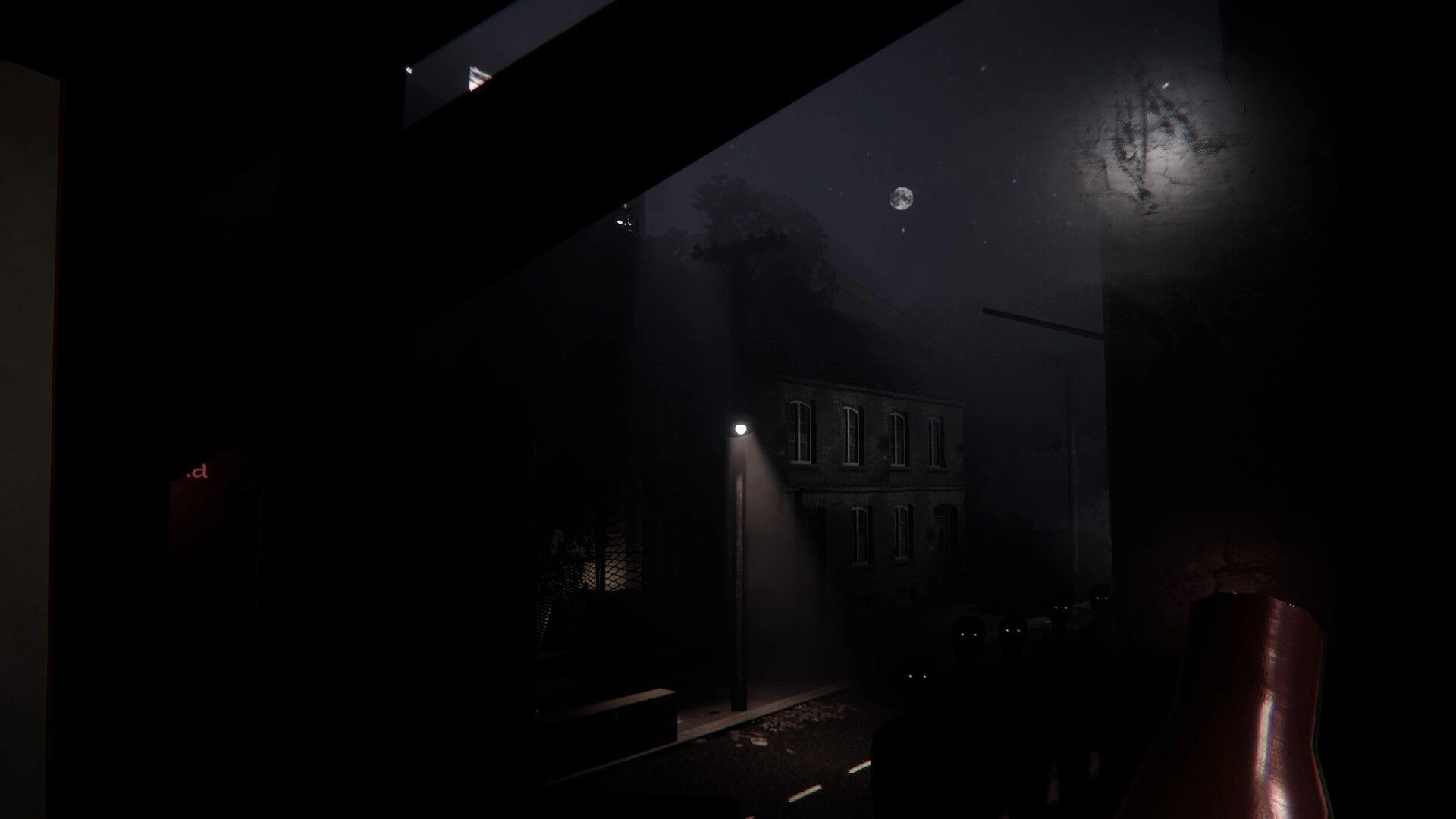 Protocol Non-Human: Looking out booth window at foggy streetlamp, brick building, moonlit sky.