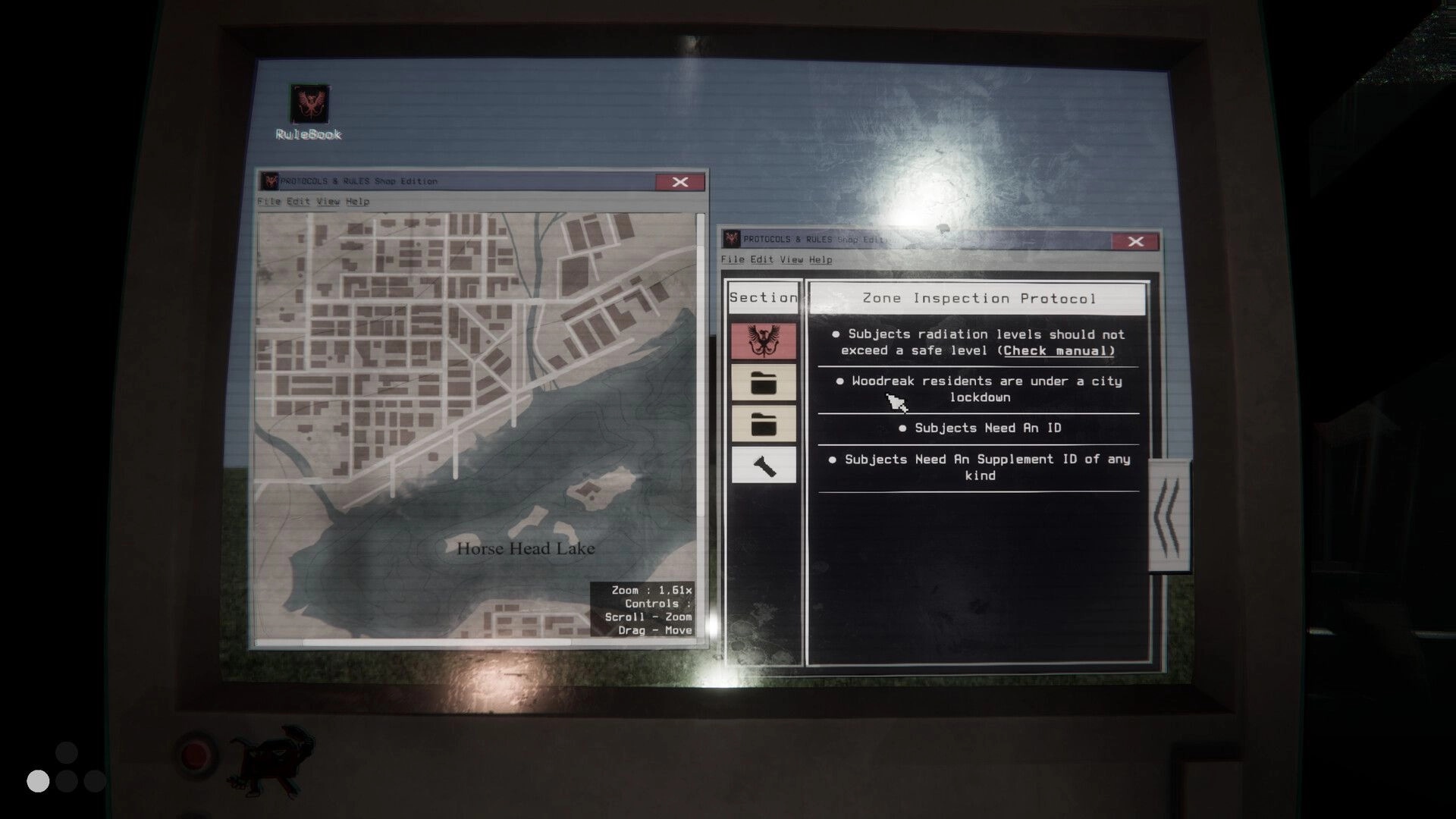 Protocol Non-Human: Rulebook UI with map of Horse Head Lake and Zone Inspection Protocol list on monitor.