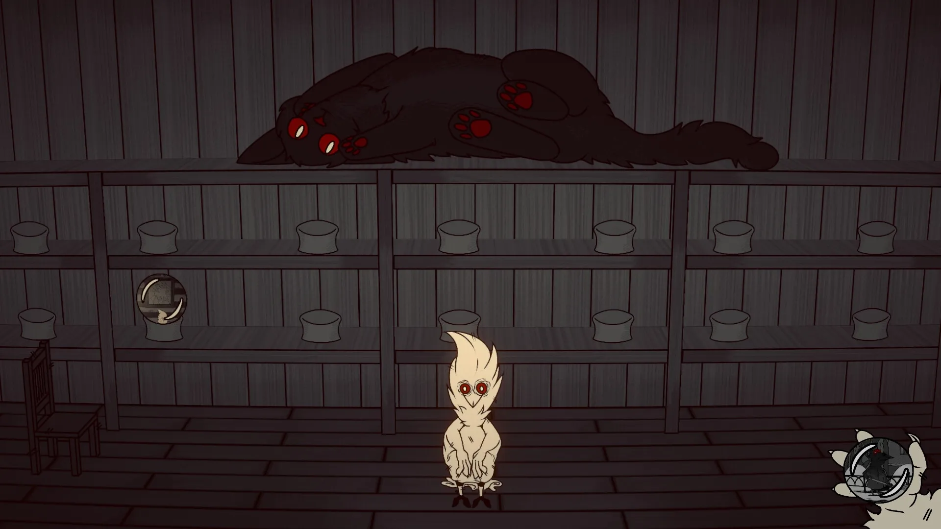 Provoron: White crow character stands before shelves, with a large black creature resting above in dim room.