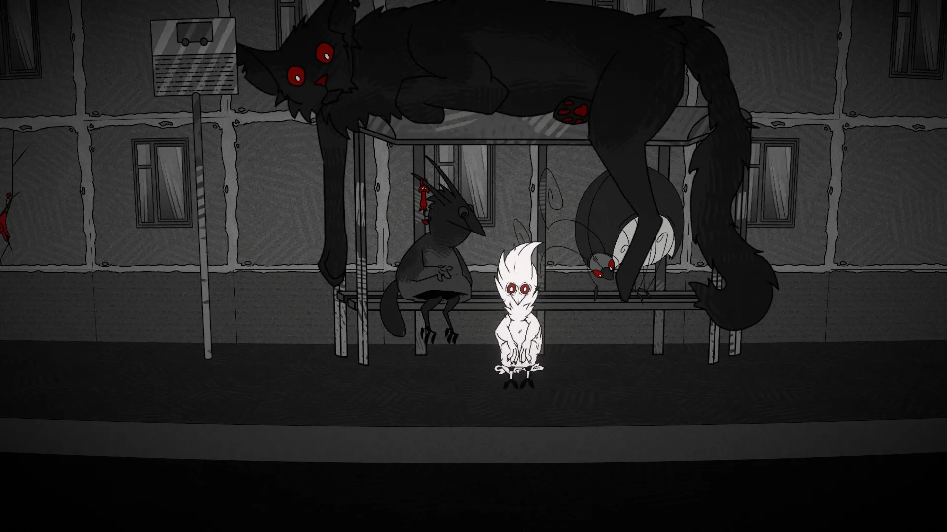 Provoron: Characters with red eyes sit at a bus stop under a giant black cat in a monochrome cityscape.