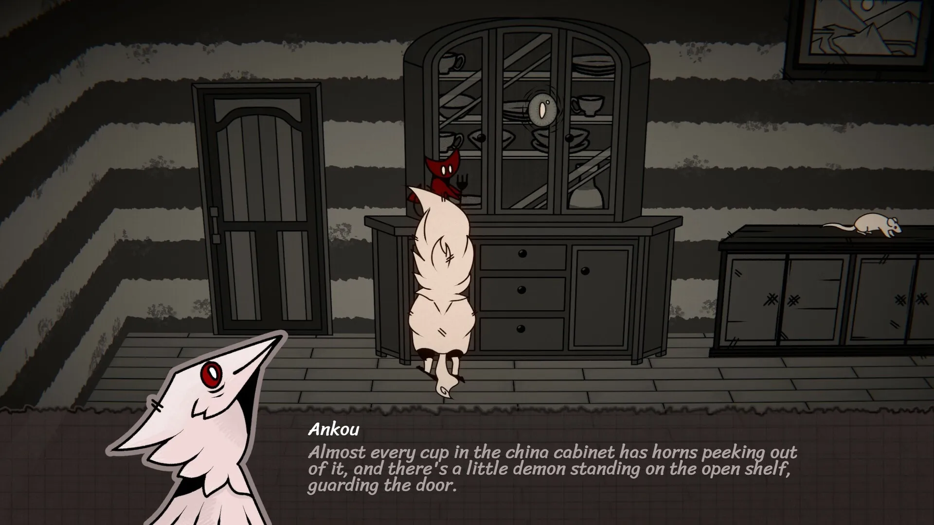 Provoron: Ankou observes a demon on the china cabinet shelf in a dimly lit, striped-wall room.