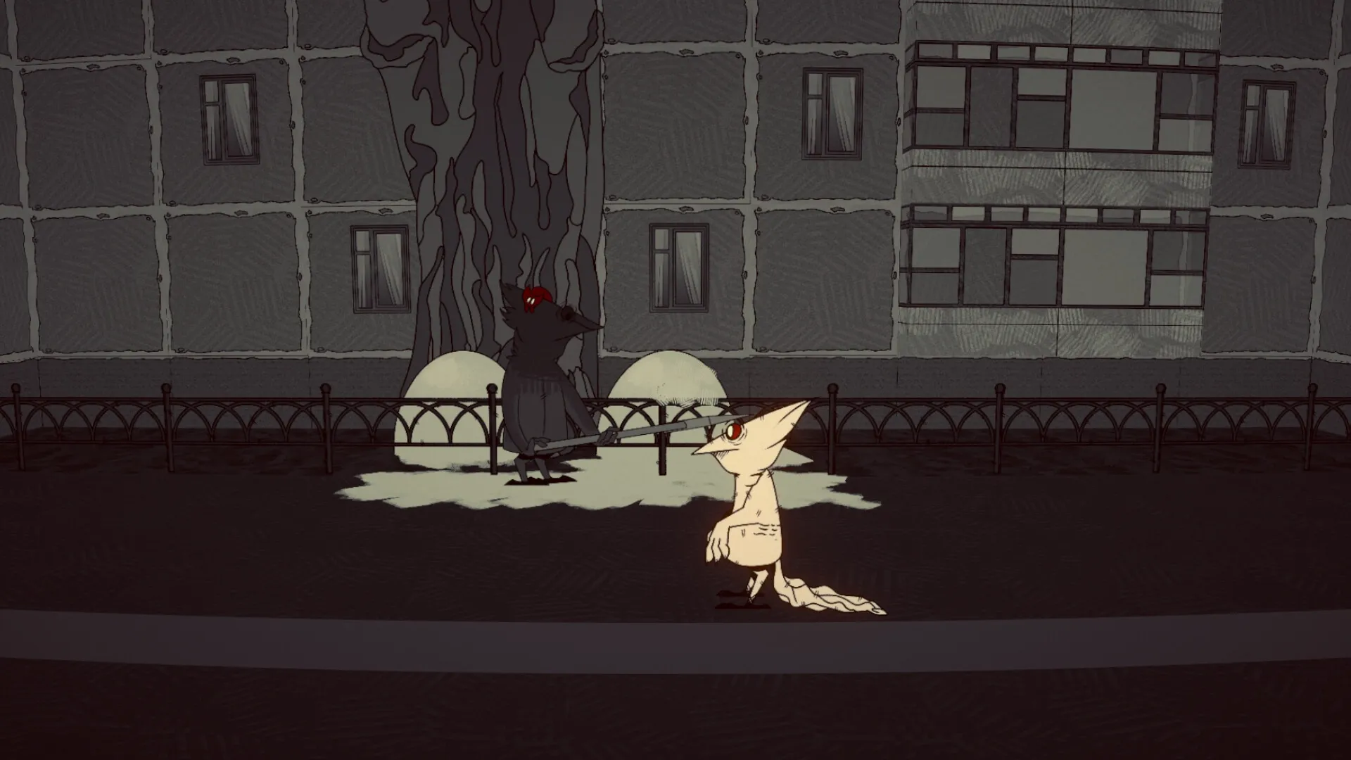Provoron: White crow character walking past dark figure in front of a gloomy, hand-drawn building.