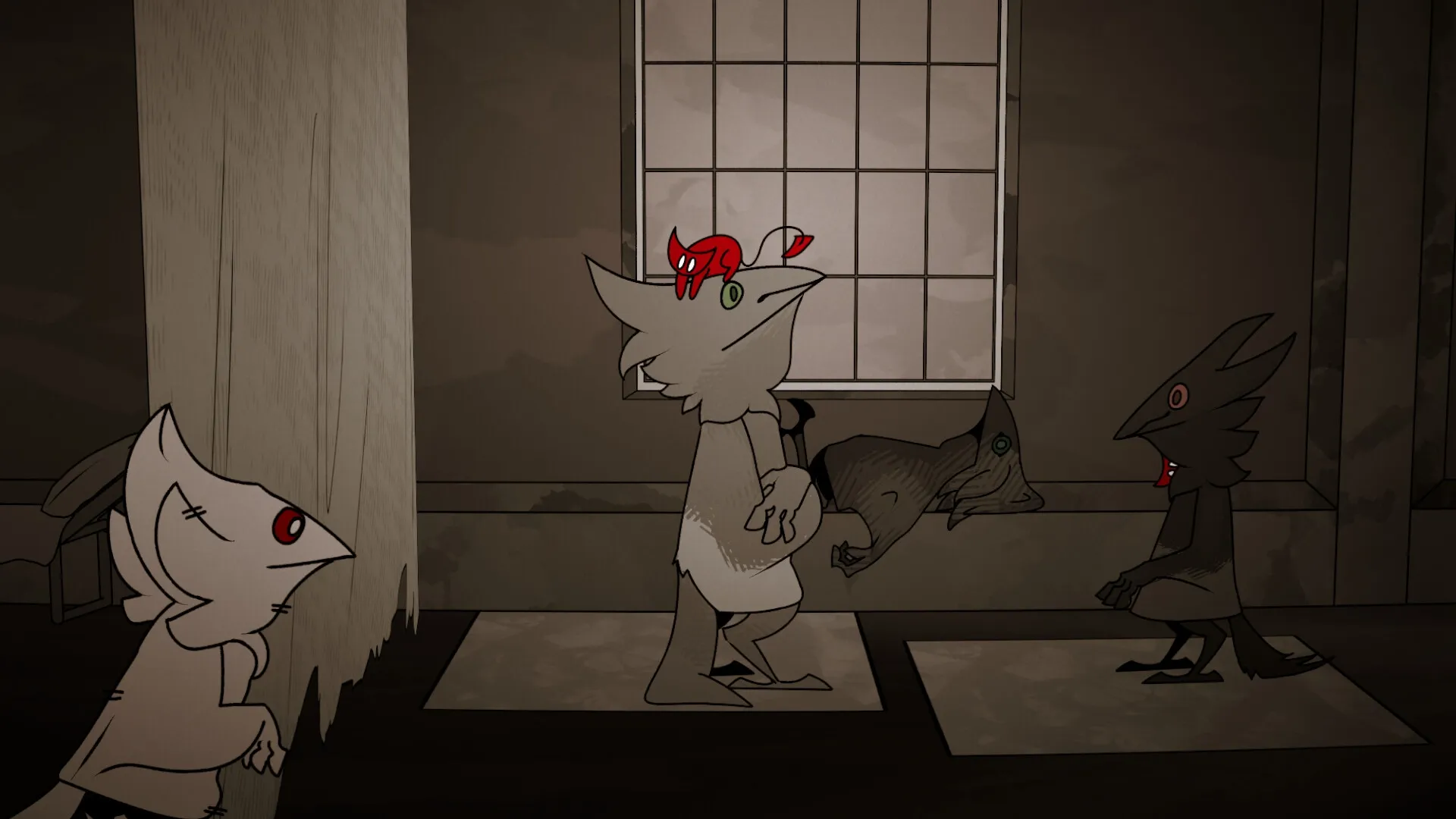 Provoron: White crow character with red demon on head in a dimly lit room with other crow figures