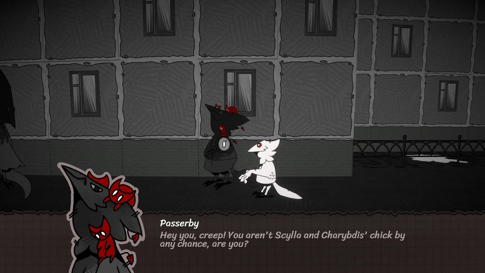 Provoron: White crow encounters passerby with demons in a dark urban street setting, dialogue displayed.