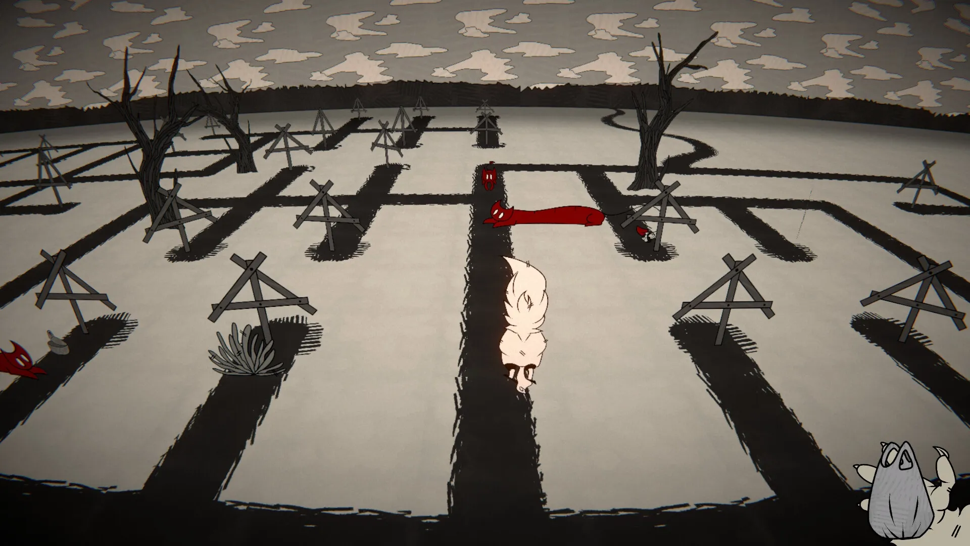 Provoron: White character walks through a hand-drawn maze with red demons near wooden structures