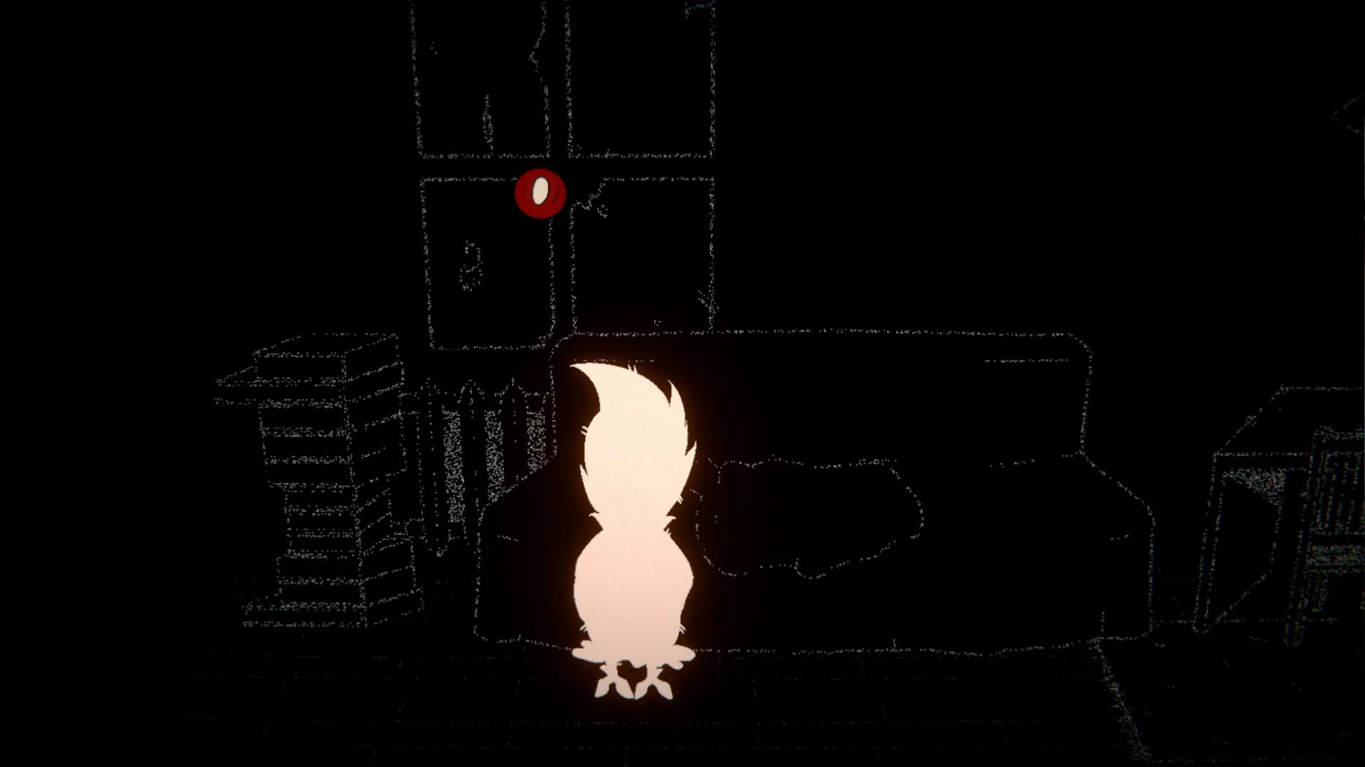 Provoron: Silhouette of a character exploring a dimly lit room with a red interaction icon on a cabinet