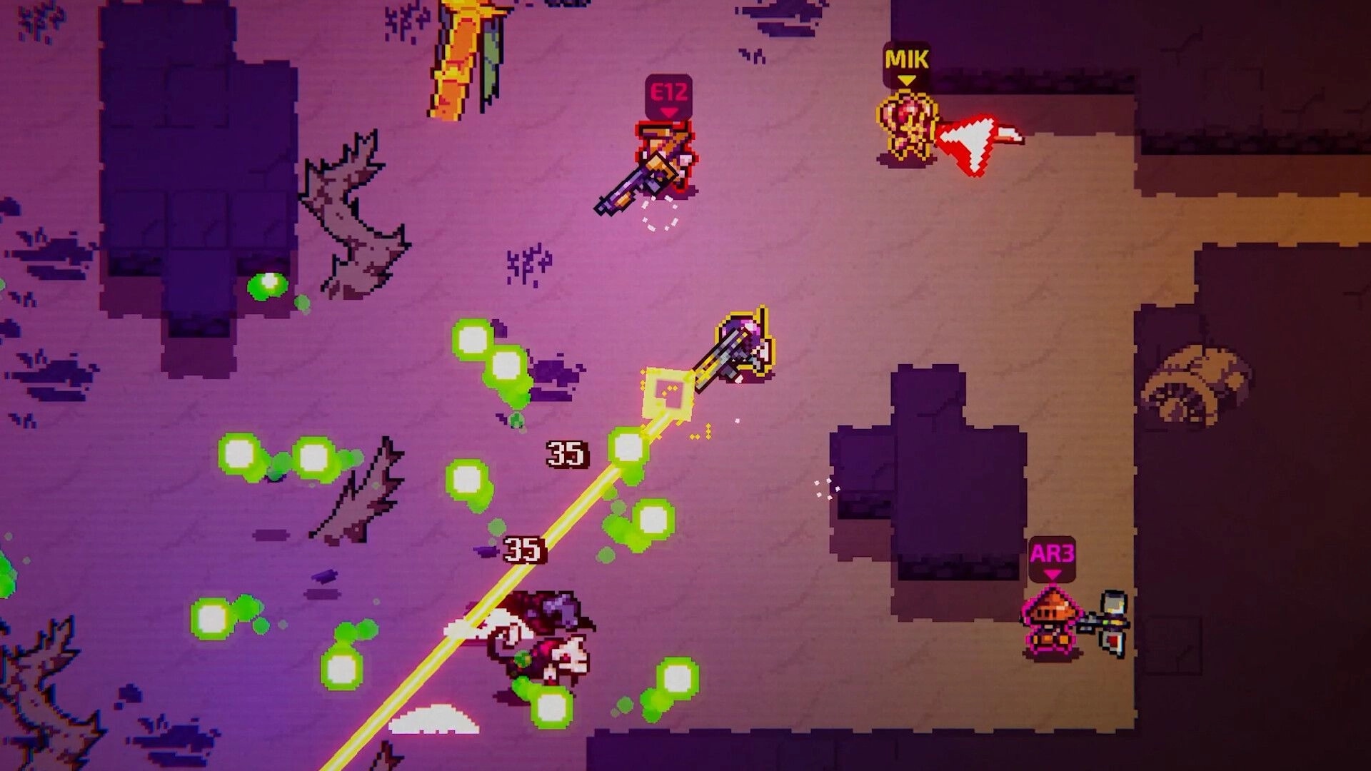 PROXY: Co-op firefight with green bullet-hell shots and damage numbers on a purple alien ruin map.