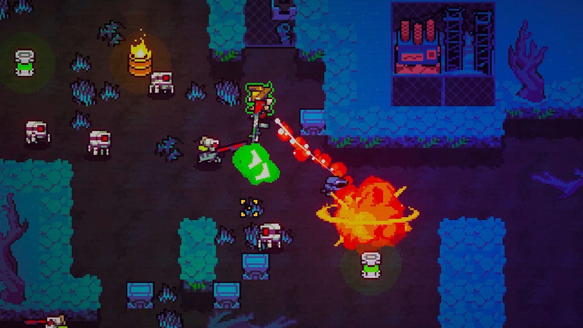 PROXY: Top-down firefight with red laser shots and explosion amid robots in neon alien ruins.