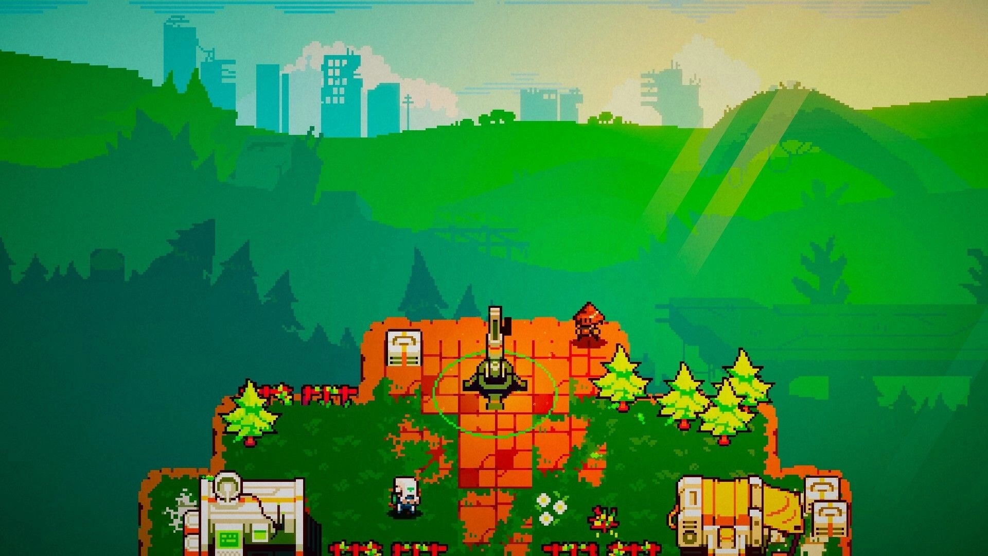 PROXY: Pixel shooter view with two characters near a turret on a grassy platform at sunrise.
