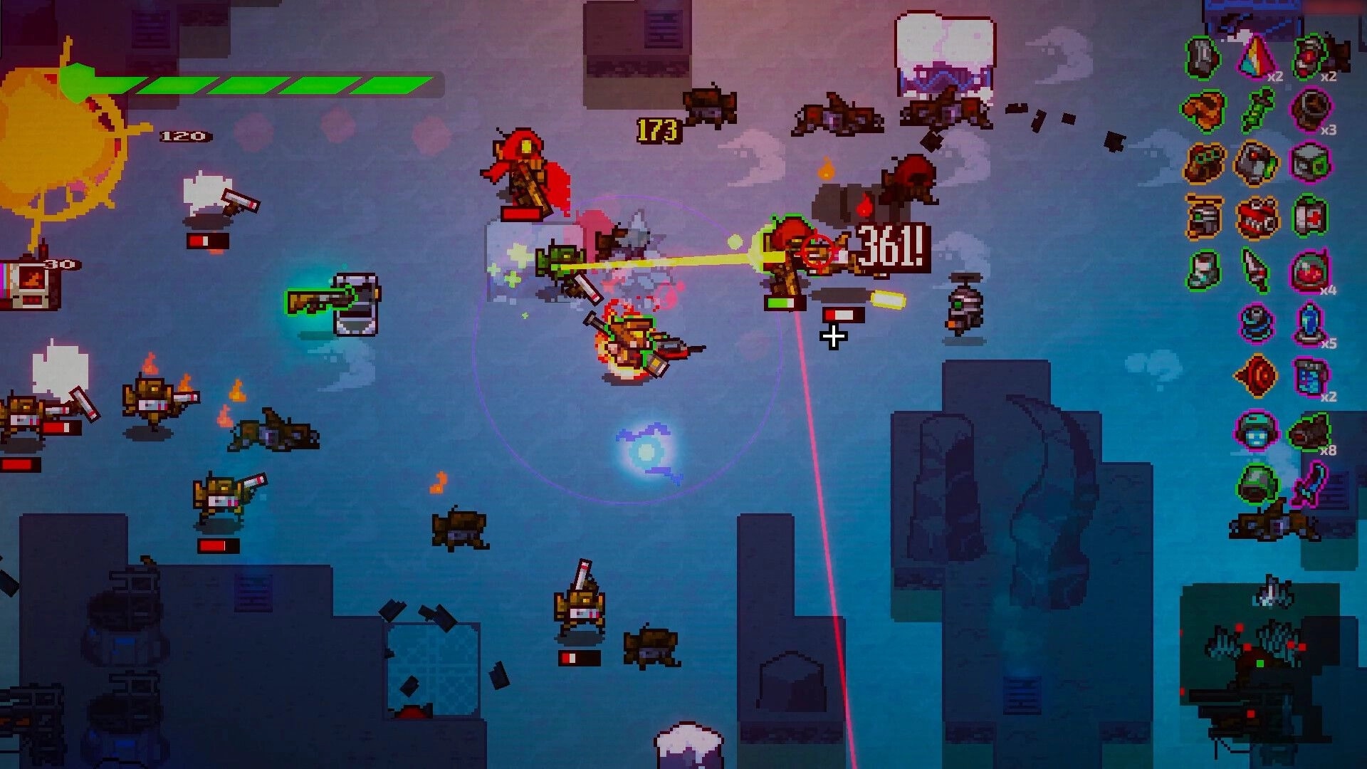 PROXY: Top-down firefight with damage numbers and item bar on a snowy alien base map.