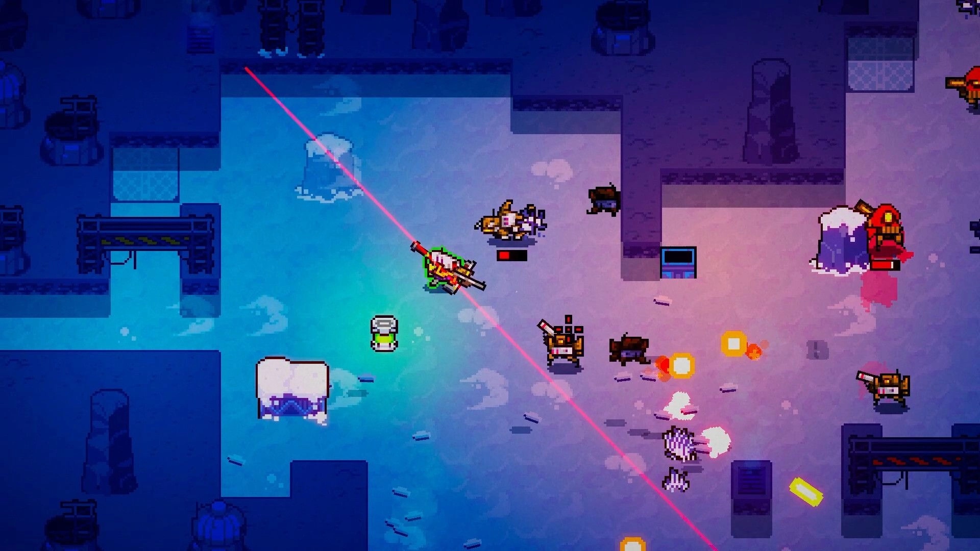 PROXY: Top-down firefight with laser-aimed gunner and robots on icy ruins with crates and cover.